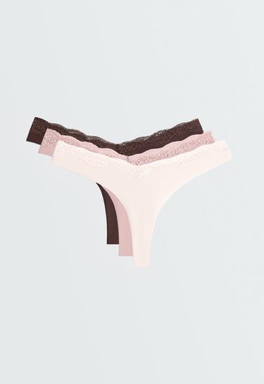 3 laser-cut polyamide blend lace thongs — CHOCOLATE 1