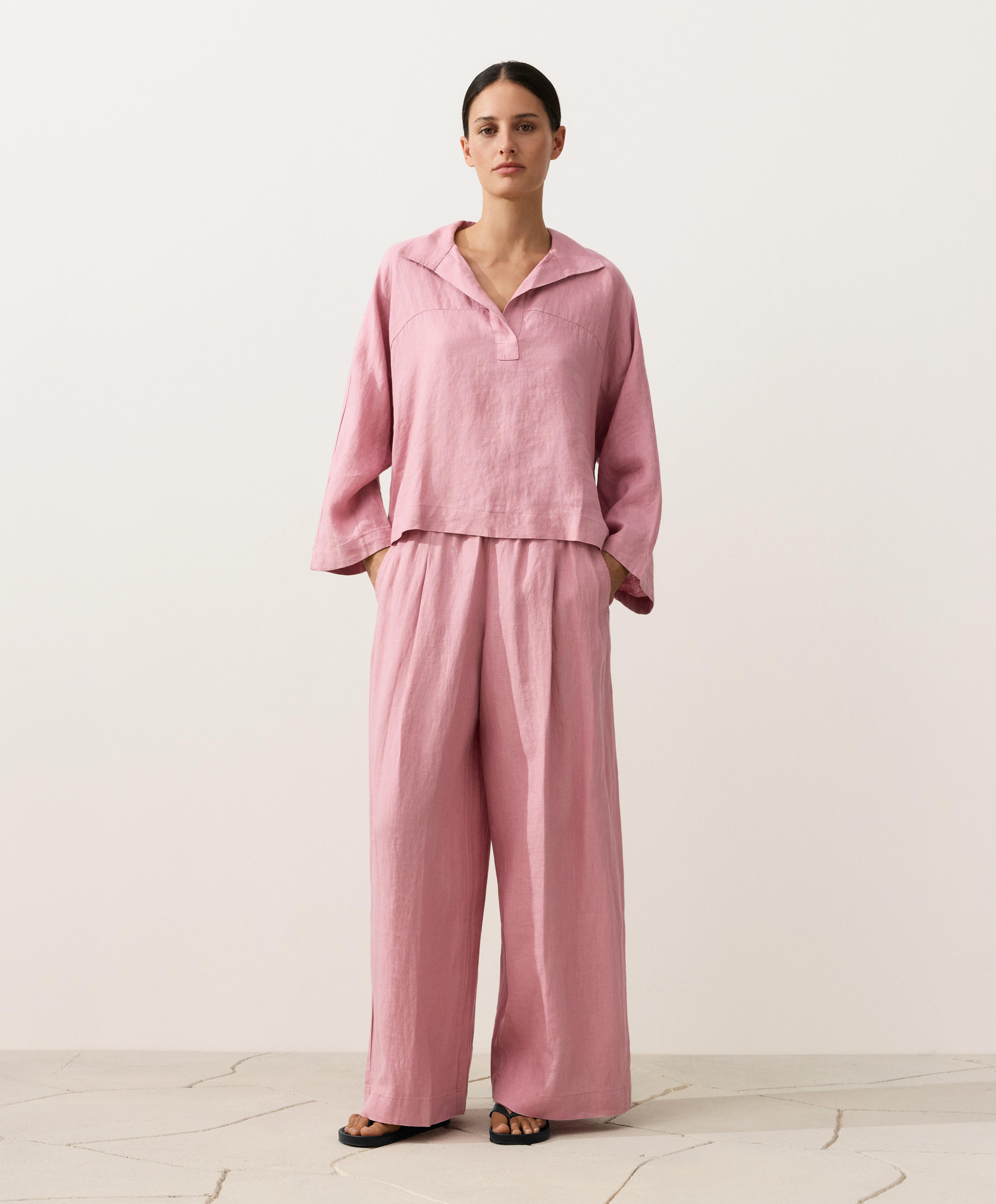 Oversize long-sleeve 100% linen polo shirt — MID-PINK