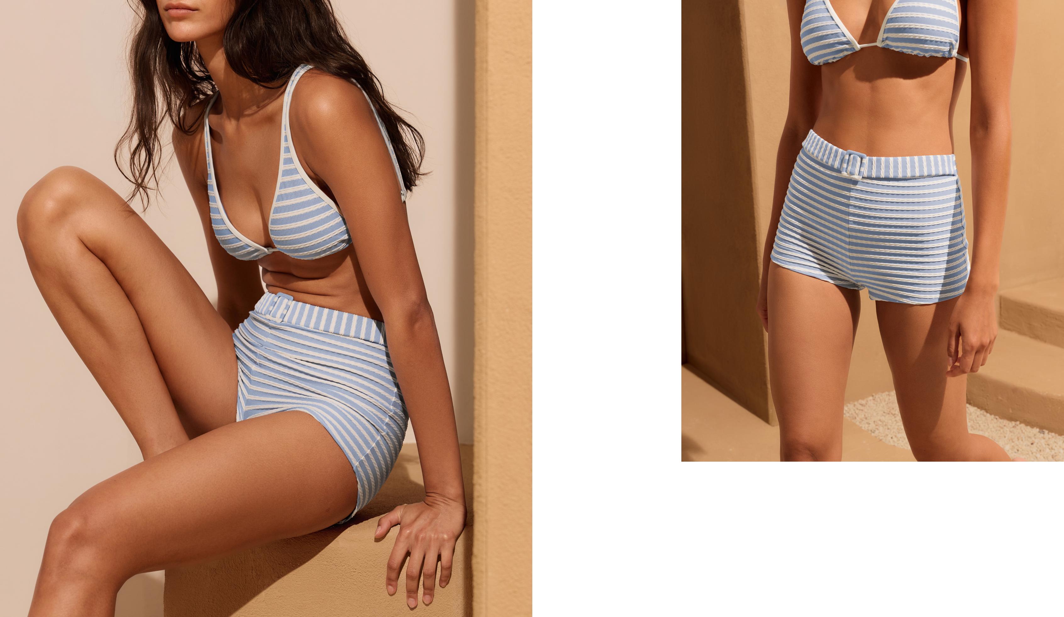 Striped textured high-waisted bikini shorts with belt detail — WASHED SKY BLUE