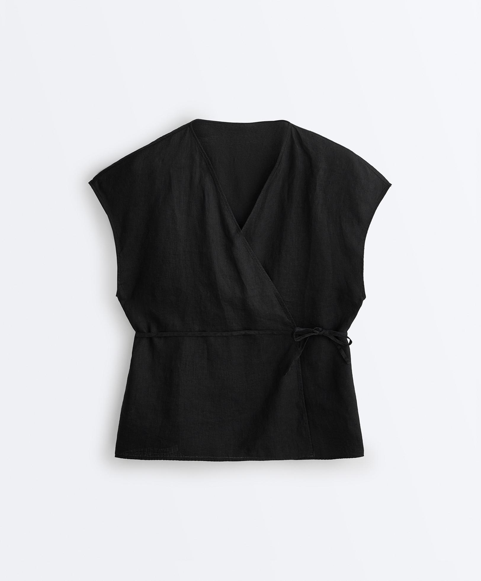 100% linen wrap shirt with tie — BLACK