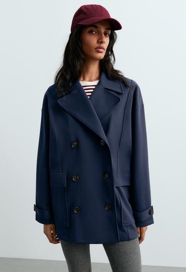 6-button long piqué cotton jacket — NAVY BLUE 3