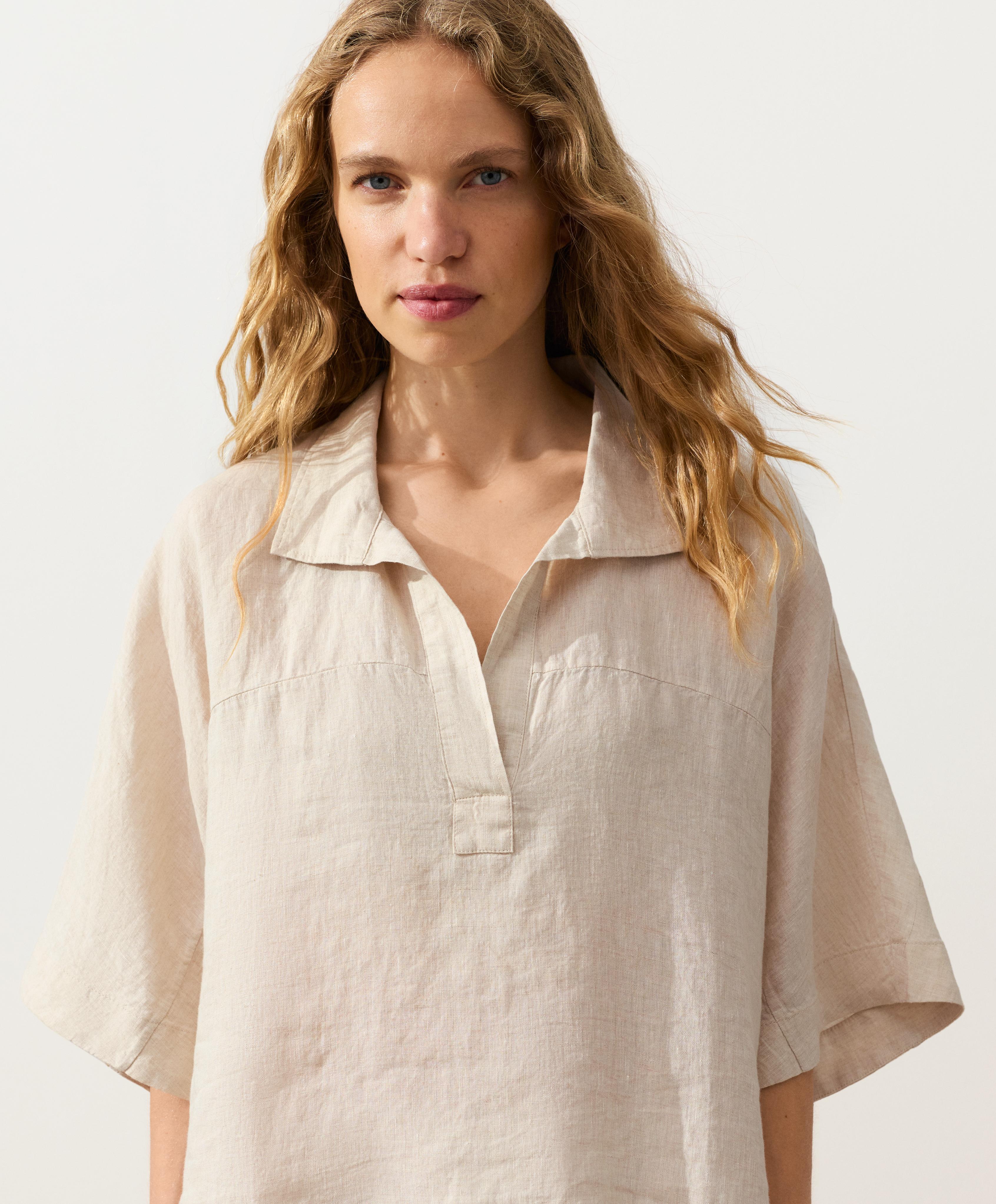 Oversize 100% linen polo shirt — SAND MELANGE
