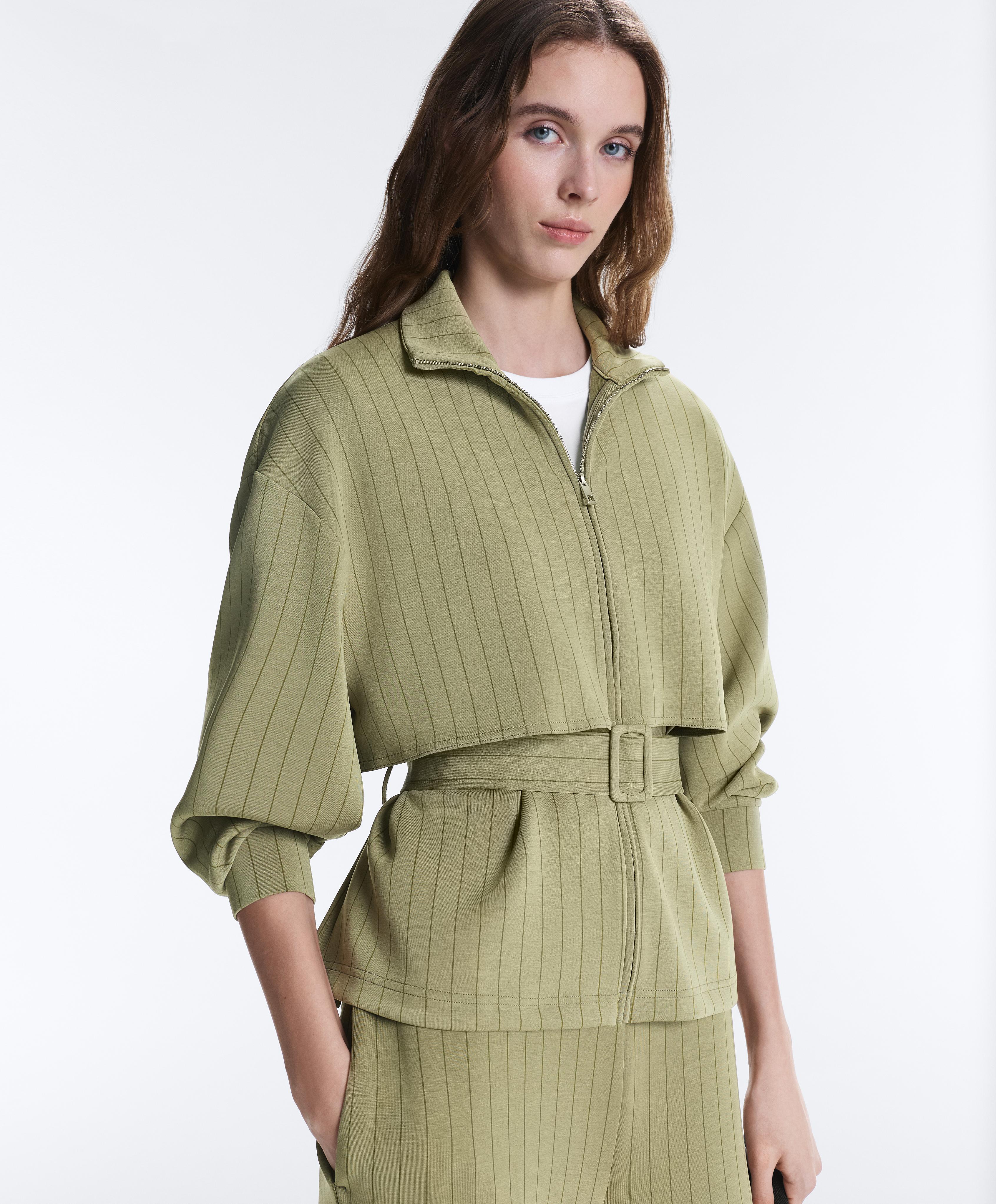 Boxy cape jacket with soft-touch modal pinstripe — YELLOW GREEN