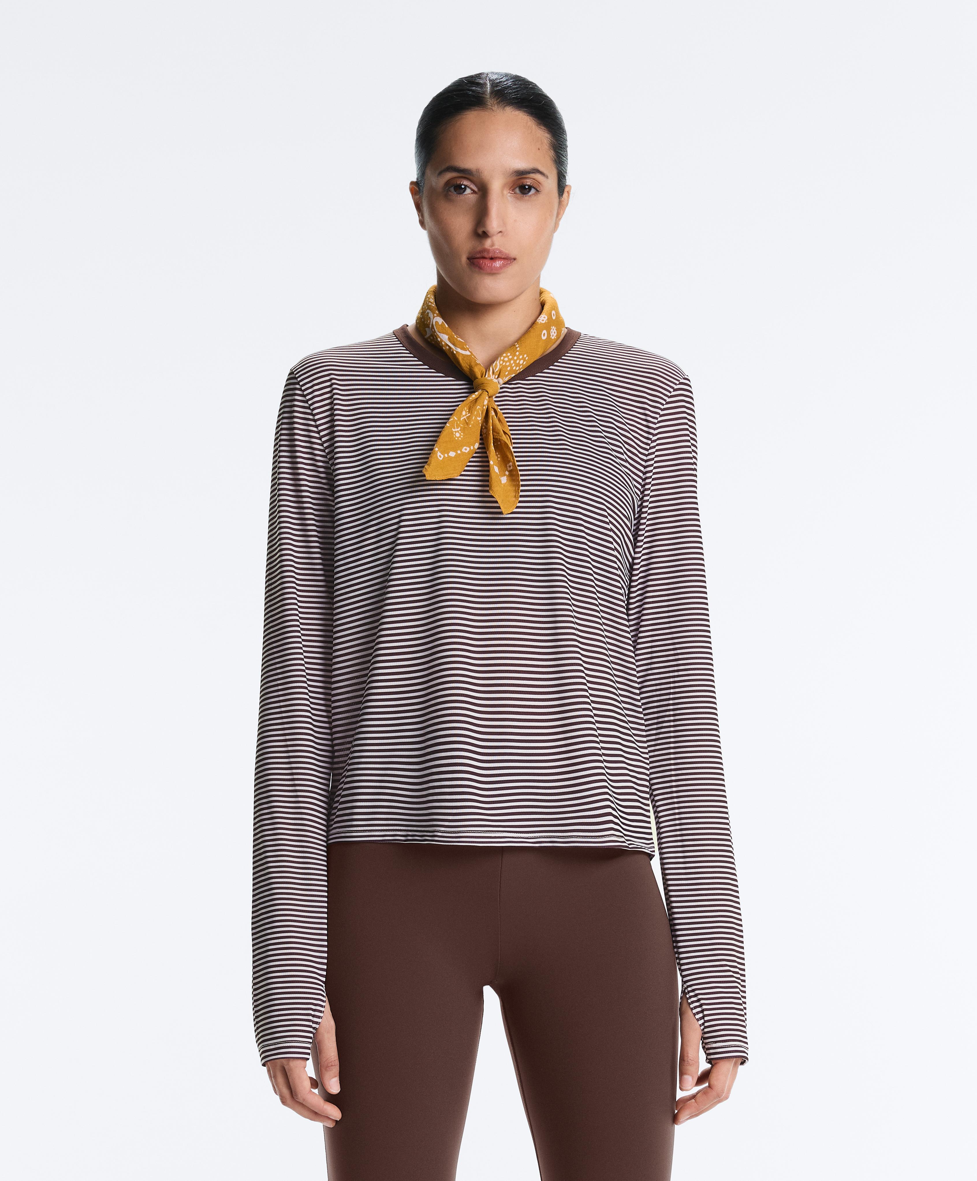 Striped long-sleeved technical T-shirt — BROWN