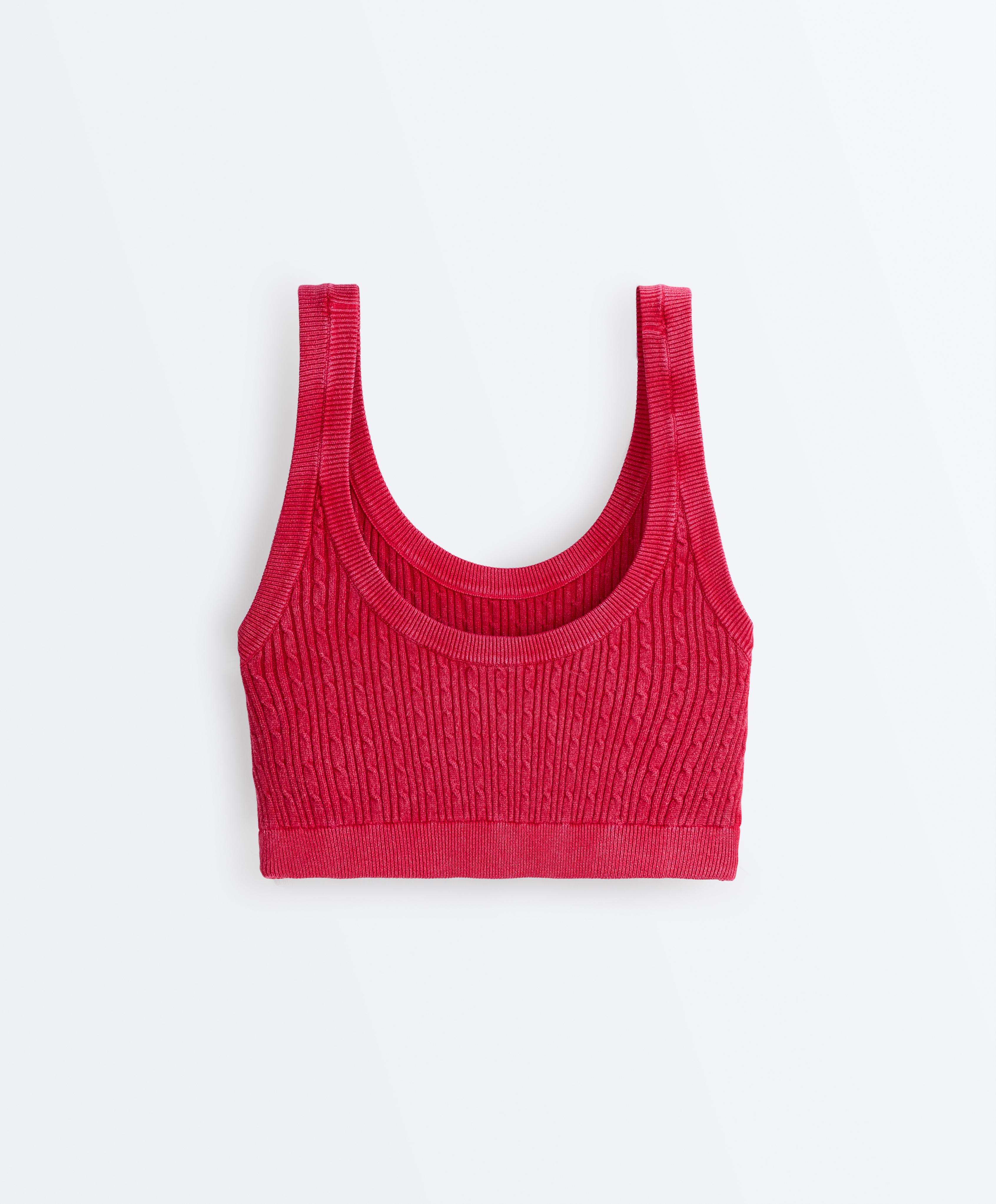 Washed knit crop cable strap T-shirt — RED