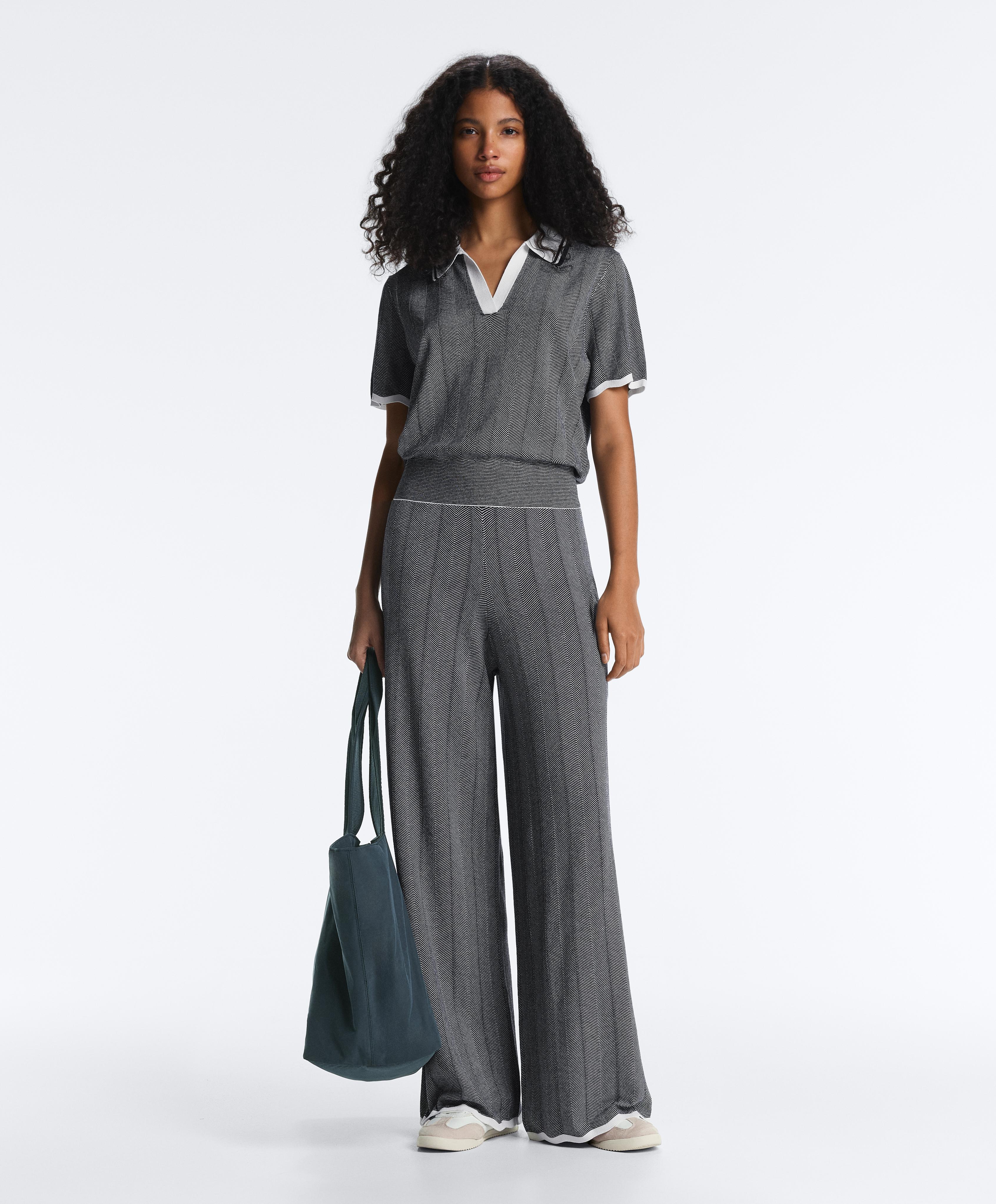 Herringbone knit straight-leg trousers — NAVY BLUE