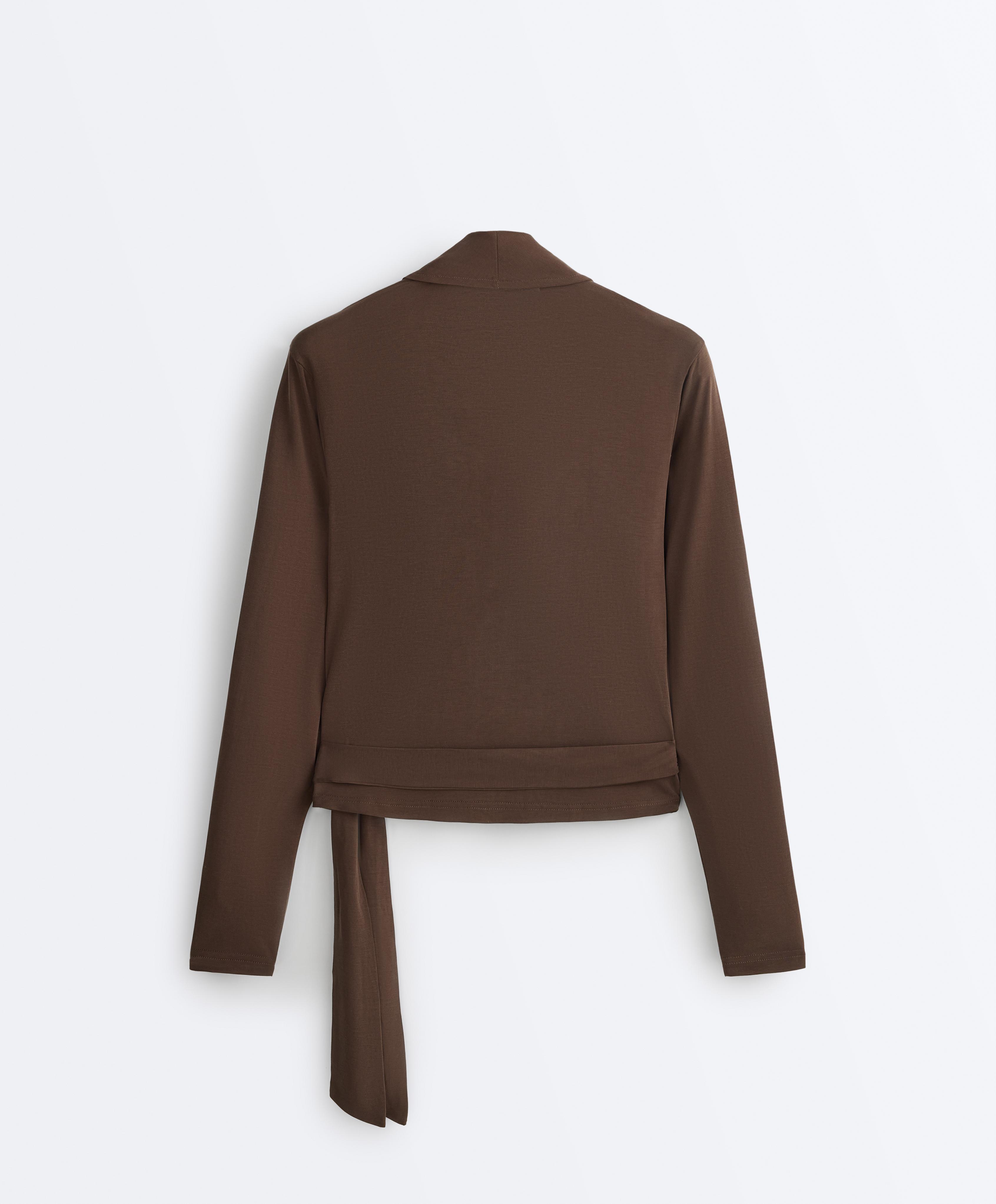 Modal blend long sleeve crossover T-shirt — DARK BROWN