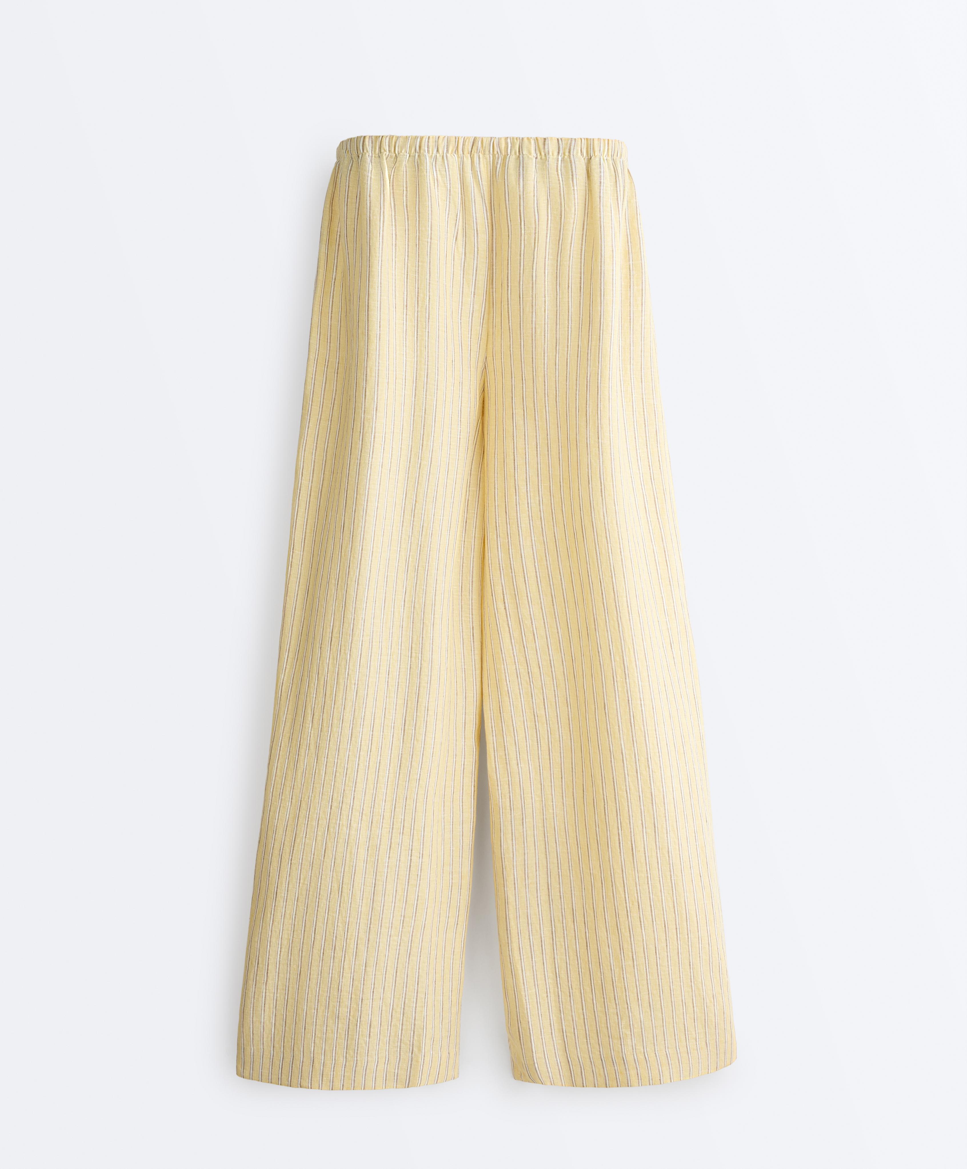 100% linen straight-leg print stripe trousers — SOFT YELLOW