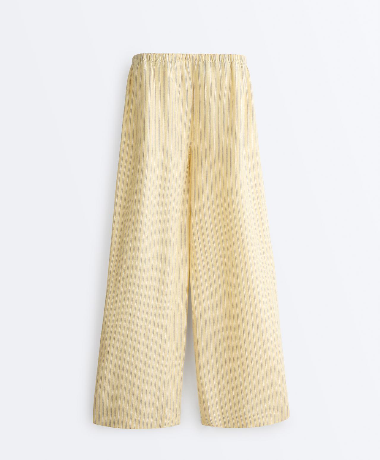 100% linen straight-leg print stripe trousers — SOFT YELLOW