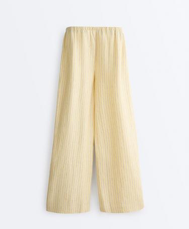 100% linen straight-leg print stripe trousers — SOFT YELLOW 8