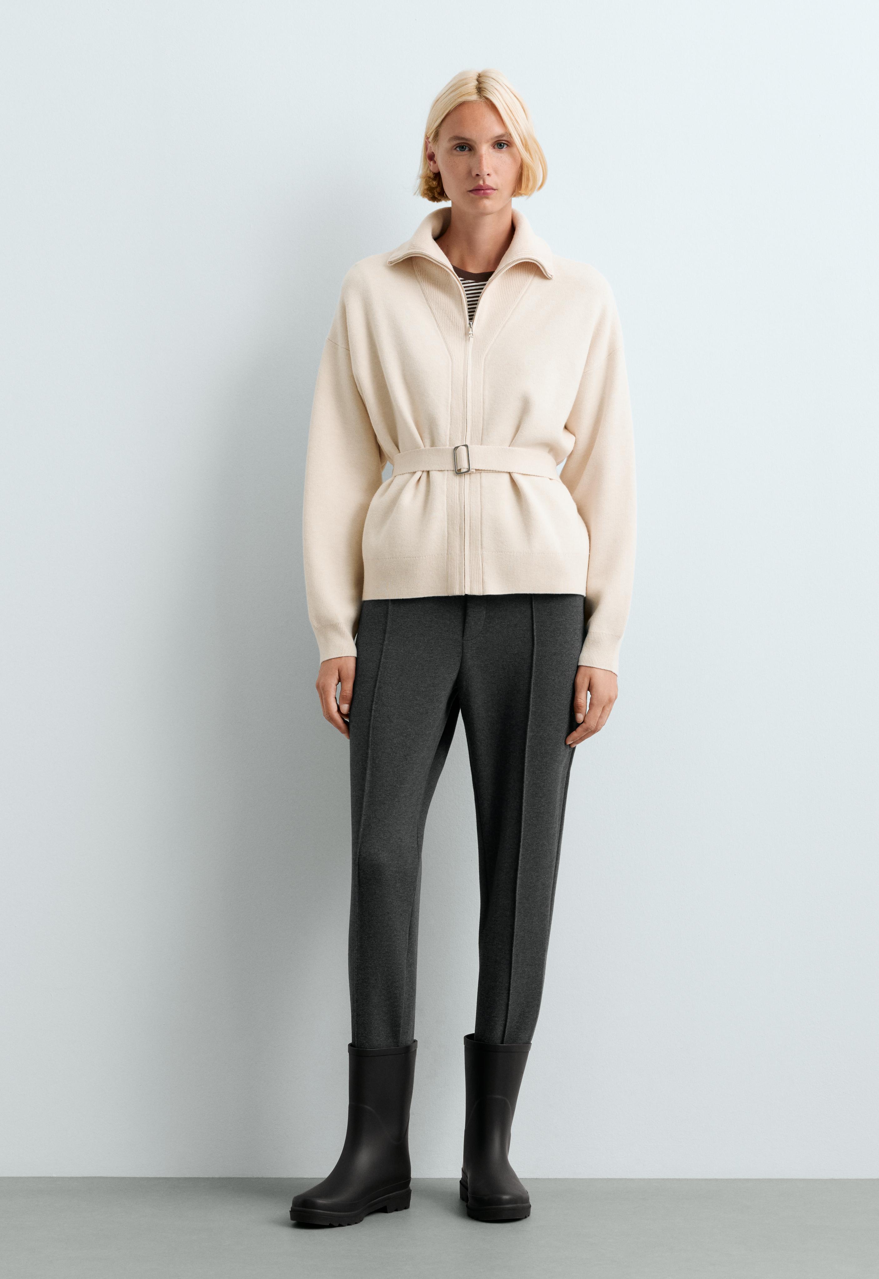 High-neck belted jacket — ECRU