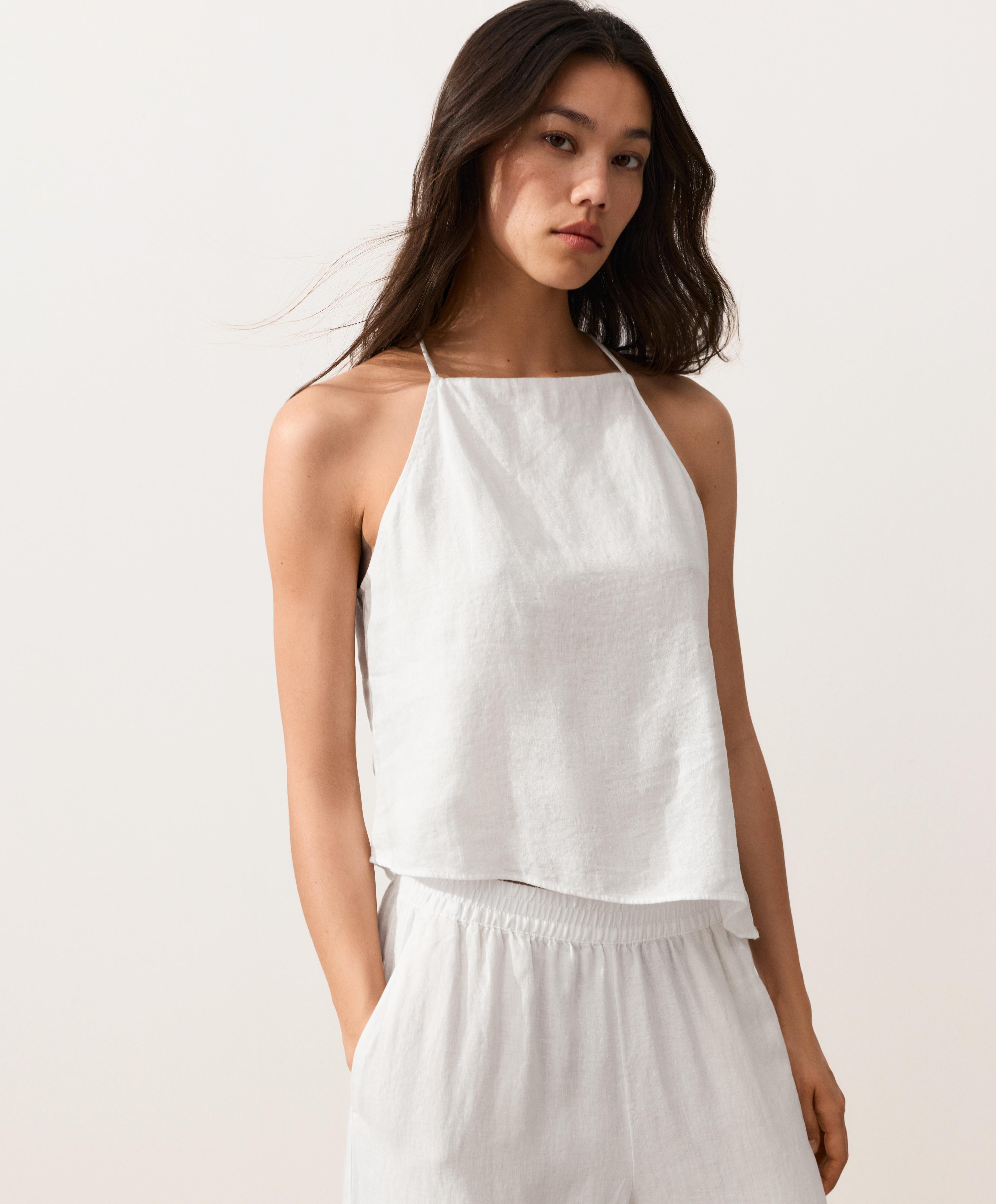 Asymmetric 100% linen sleeveless top — WHITE