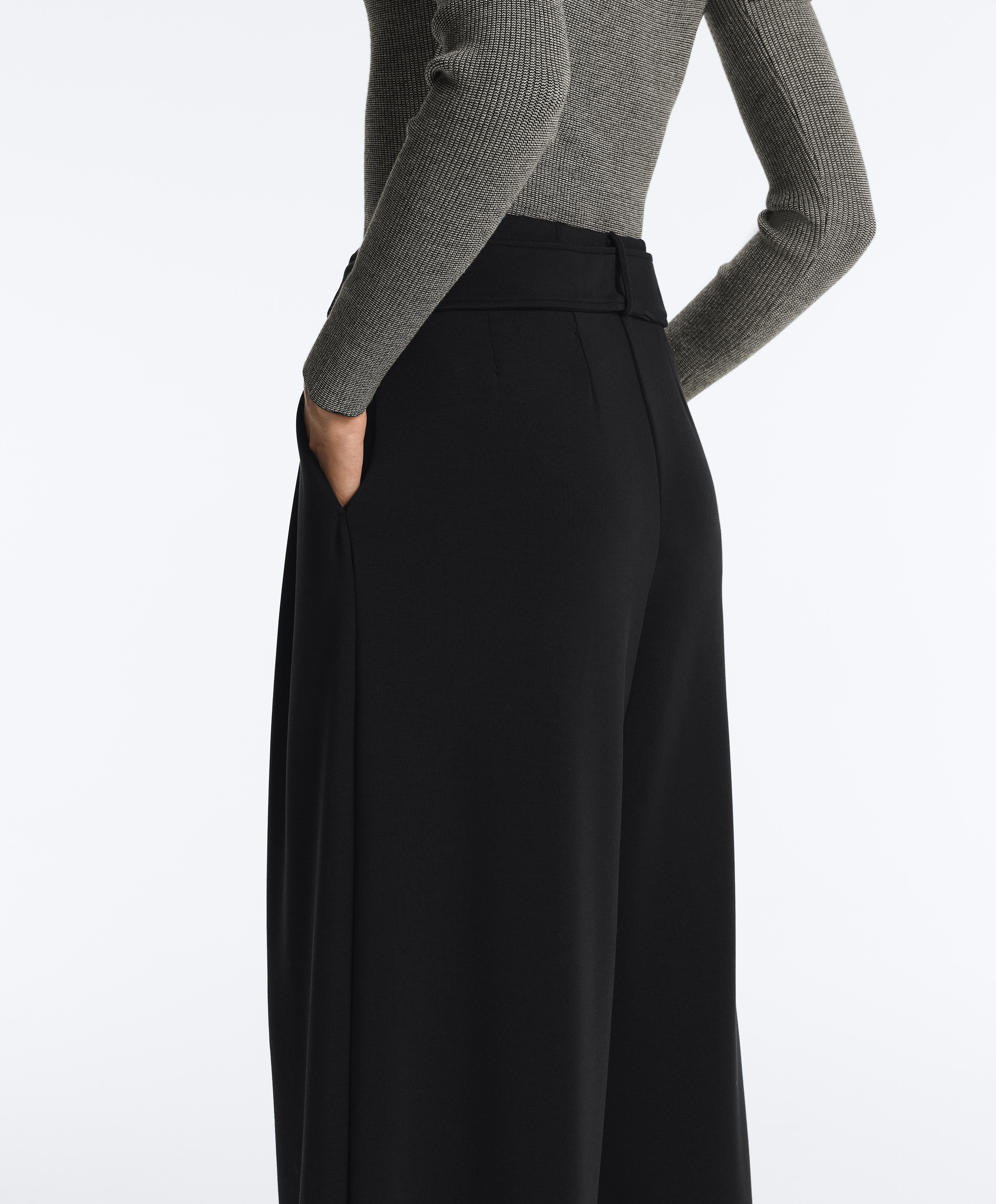Soft-touch modal wide-leg trousers with pleat waist detail — BLACK