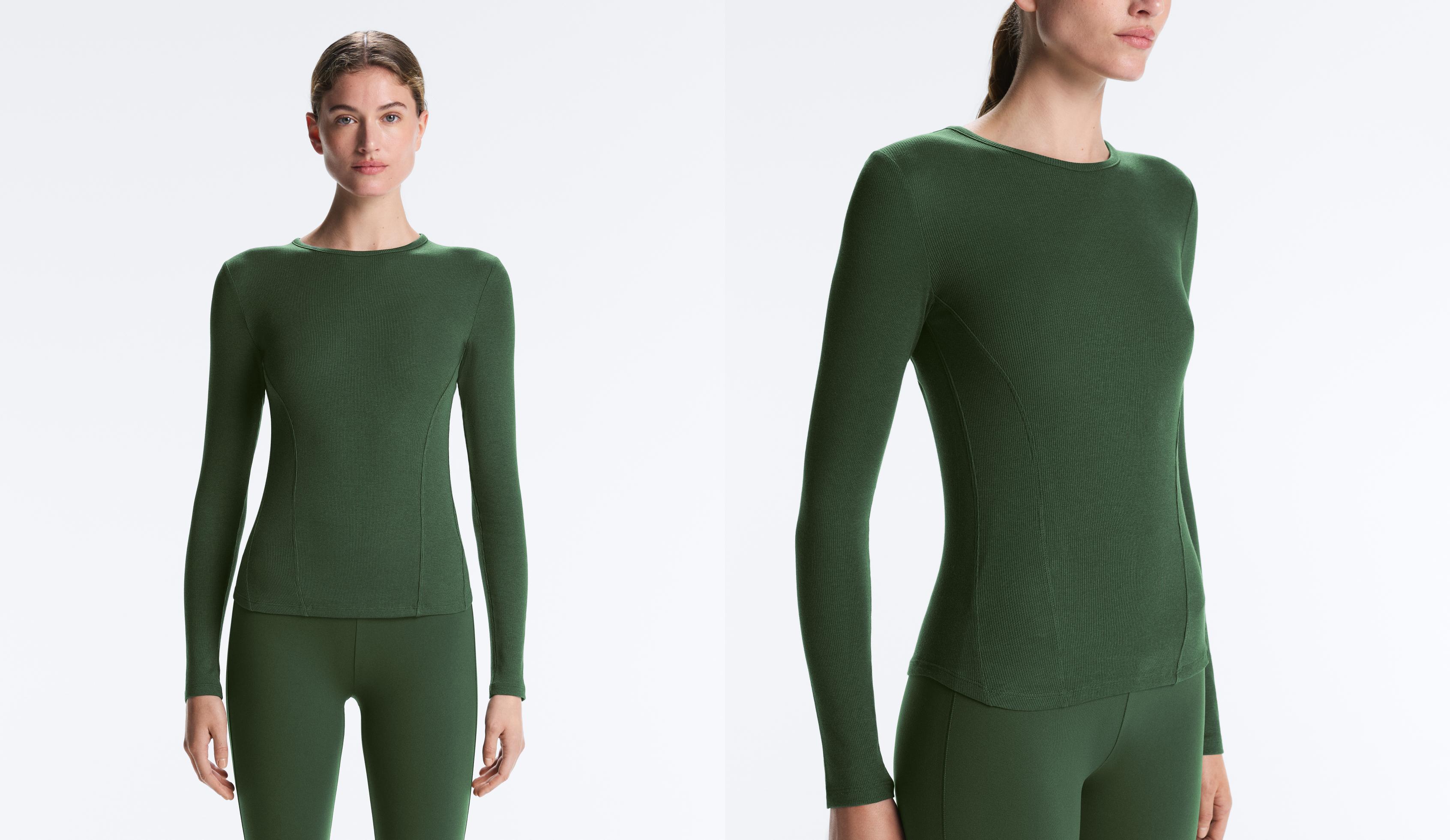 Fitted long sleeve rib T-shirt with cotton and modal — GREEN