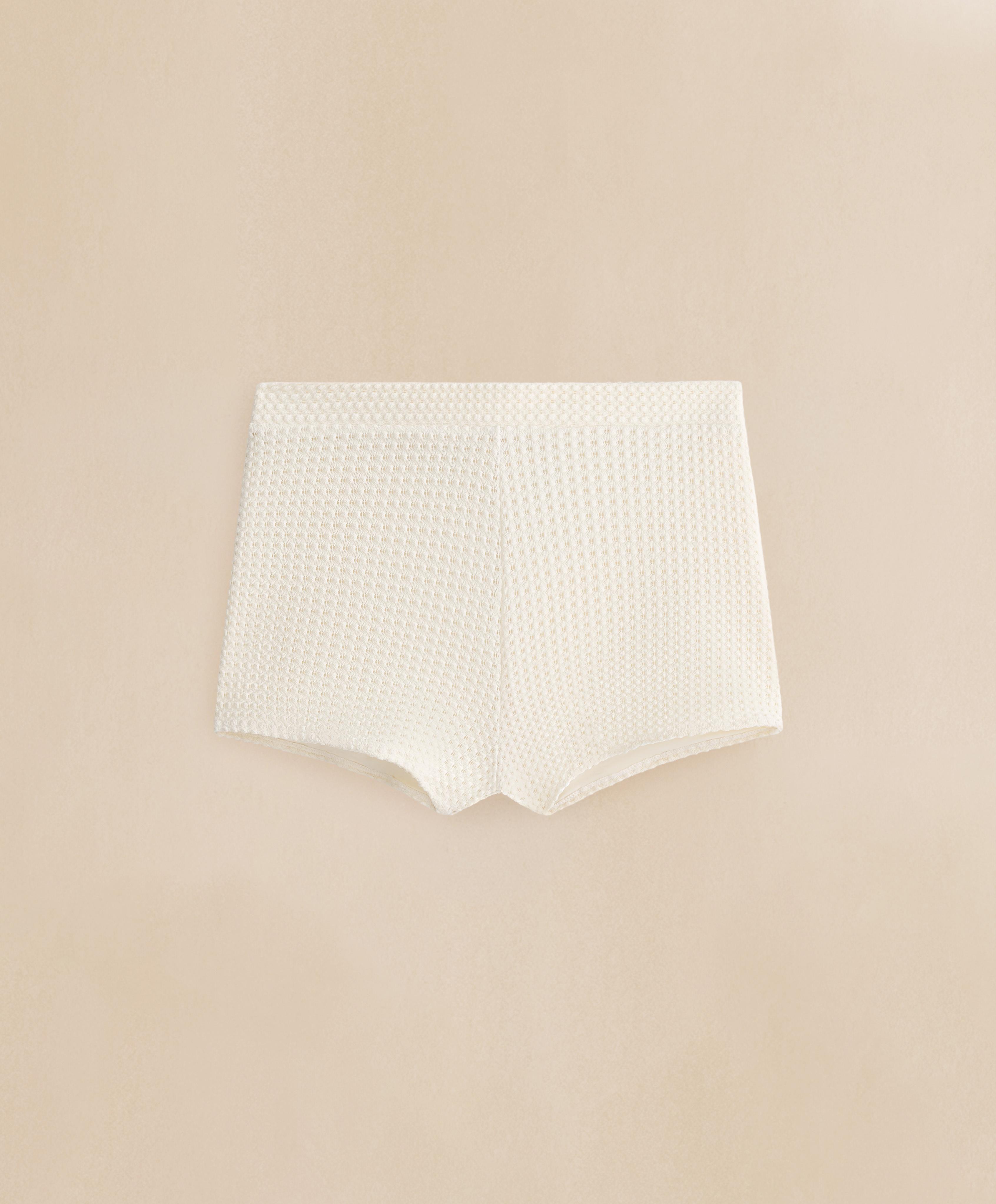 Bubble-texture crochet high-waisted bikini shorts — ECRU