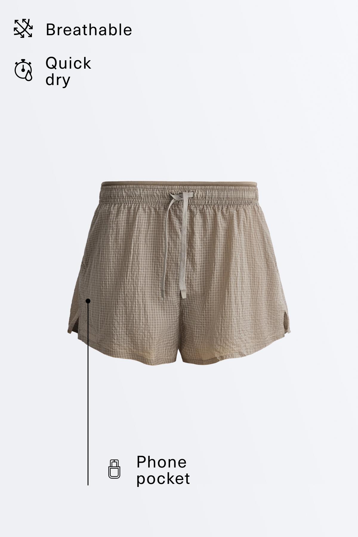 Technical 2-in-1 checked mid-rise shorts — MINK GREY