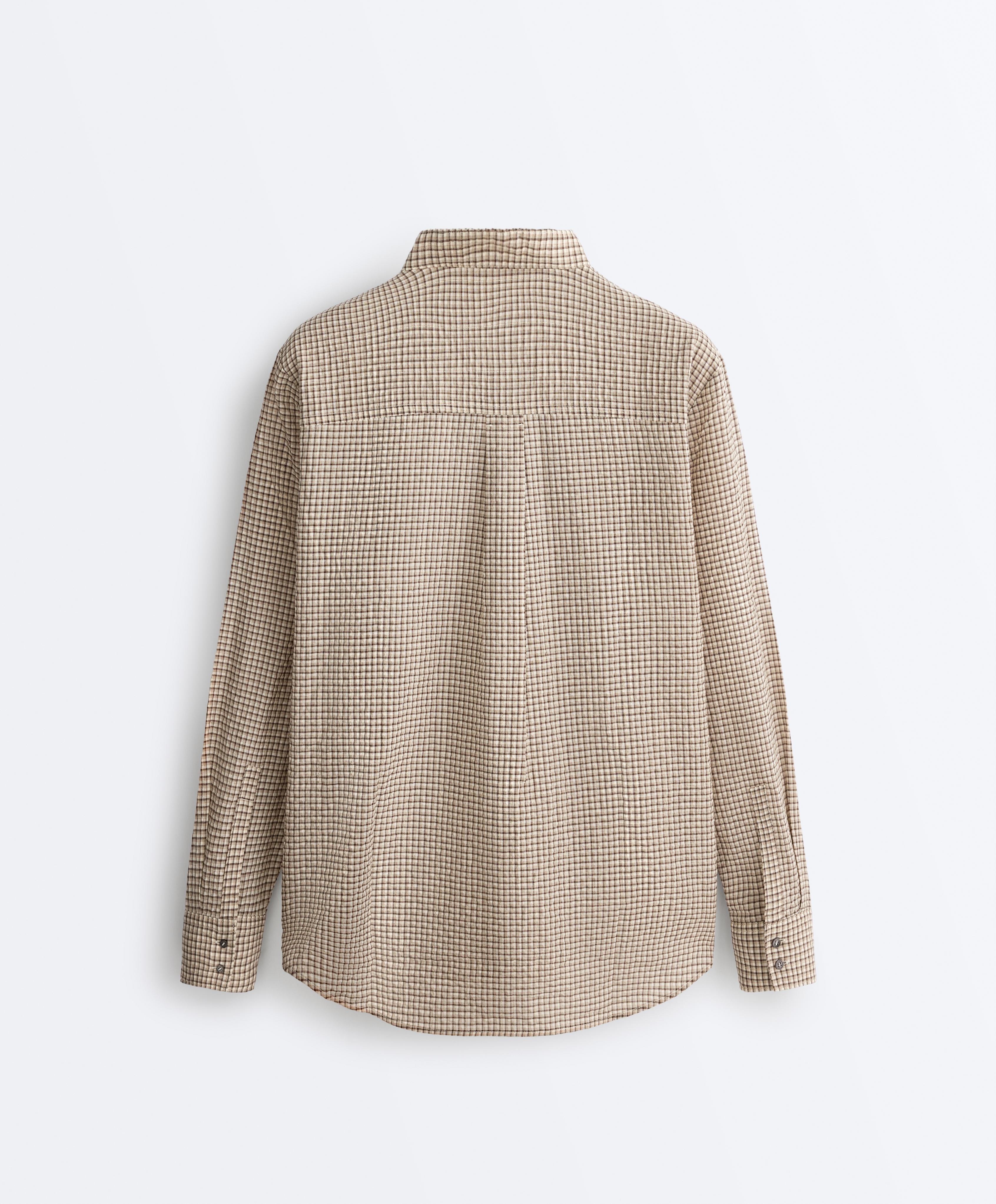 Check cotton blend stand-up collar shirt — BEIGE