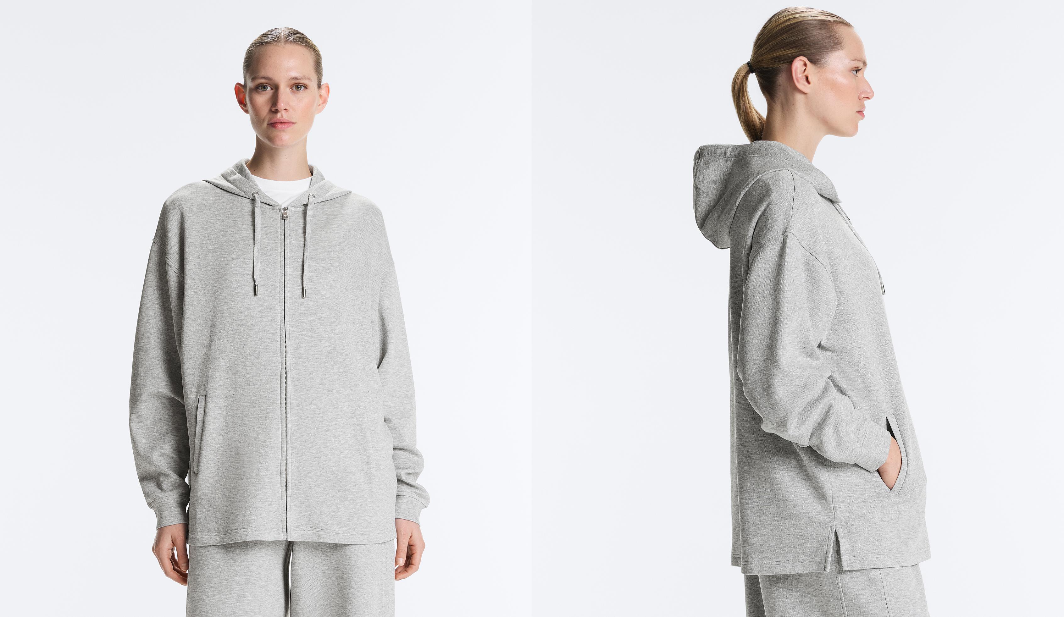 Long melange piqué hooded jacket — GREY MELANGE
