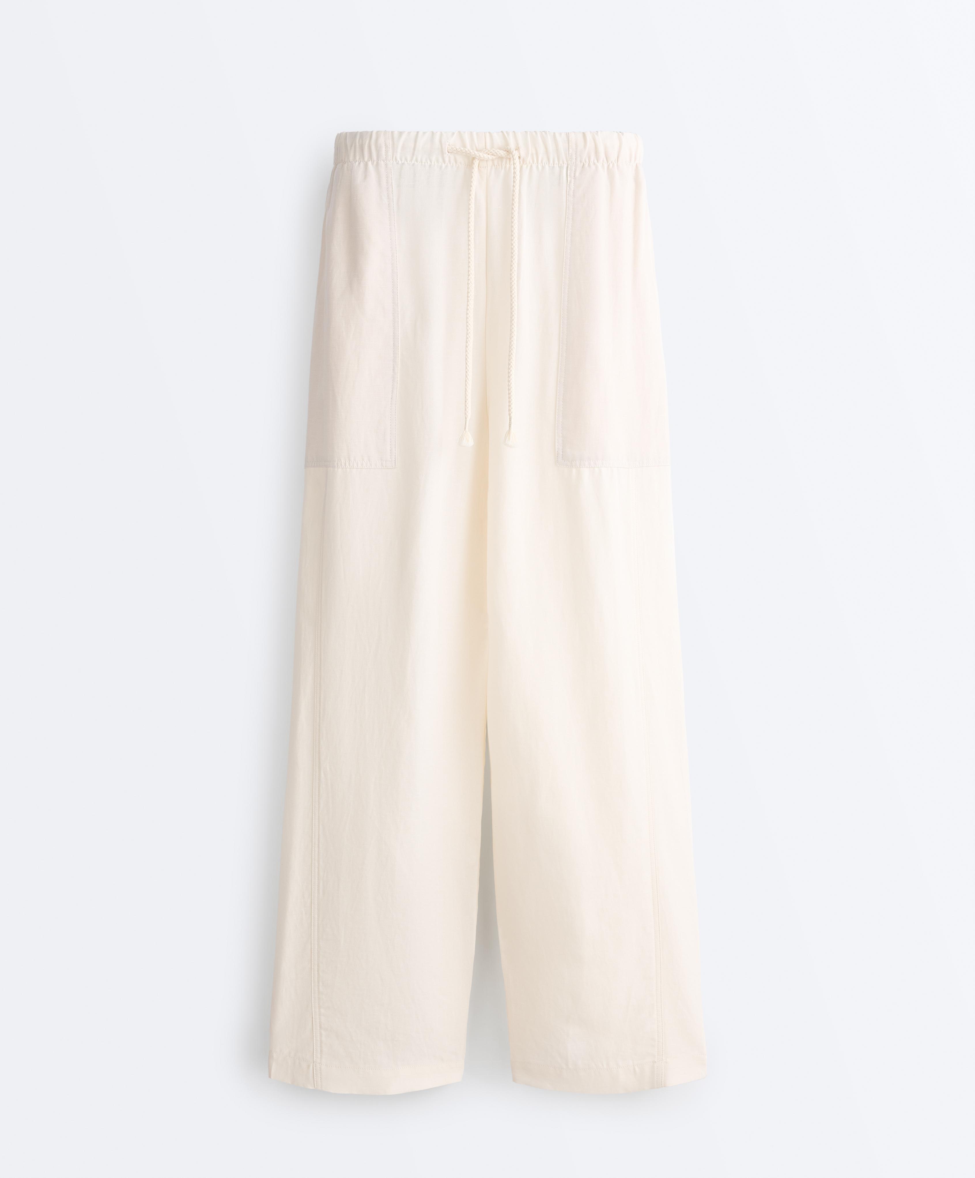 Lyocell blend and 24% linen straight trousers — PALE ECRU