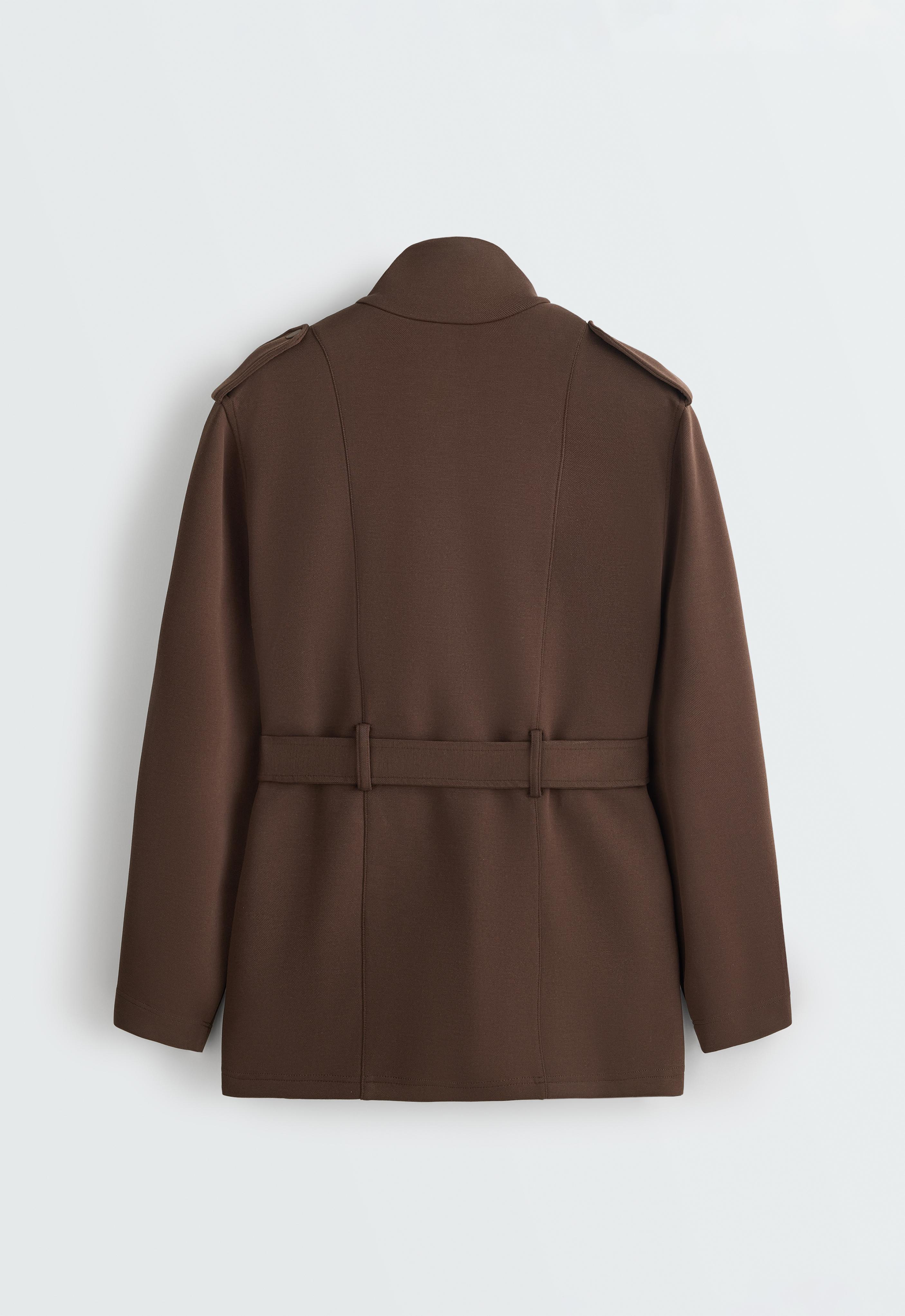 Long utility pique jacket with belt — DARK BROWN