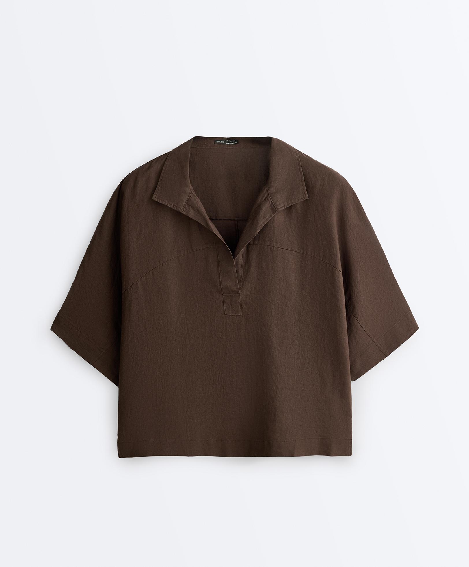 Oversize 100% linen polo shirt — DARK BROWN