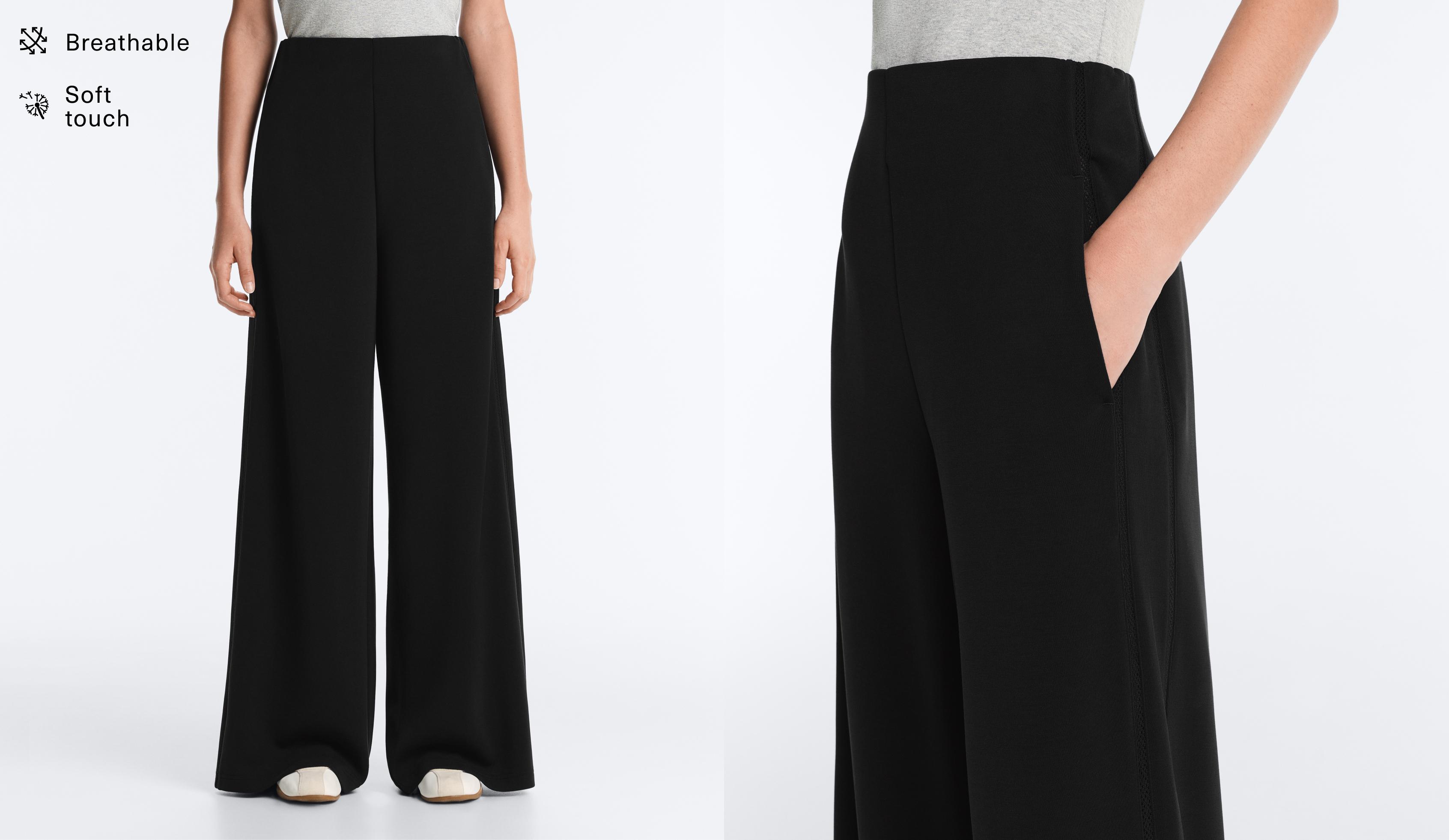 Wide-leg trousers with soft-touch modal and hemstitch — BLACK