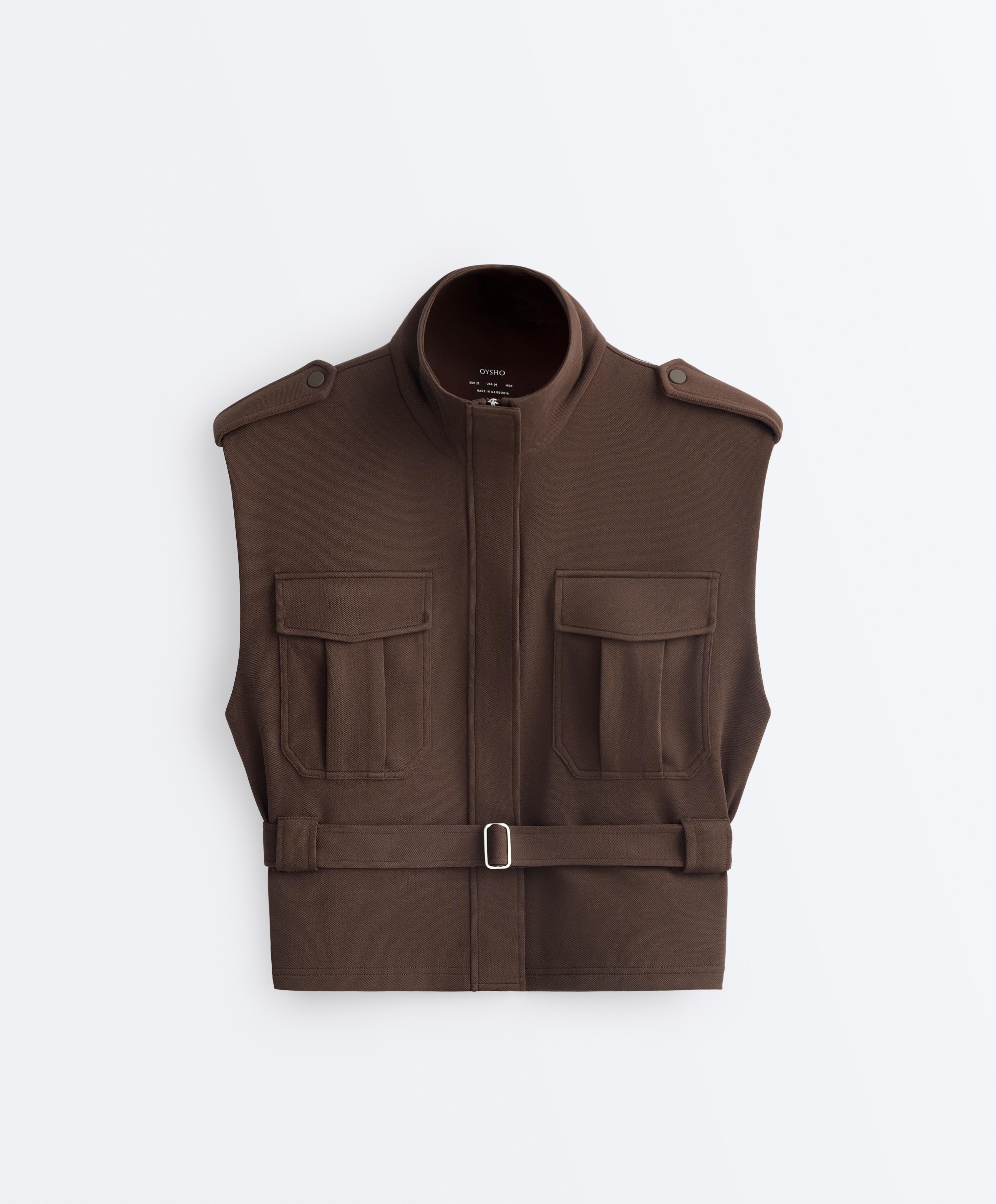 Utility piqué gilet with cotton belt — DARK BROWN