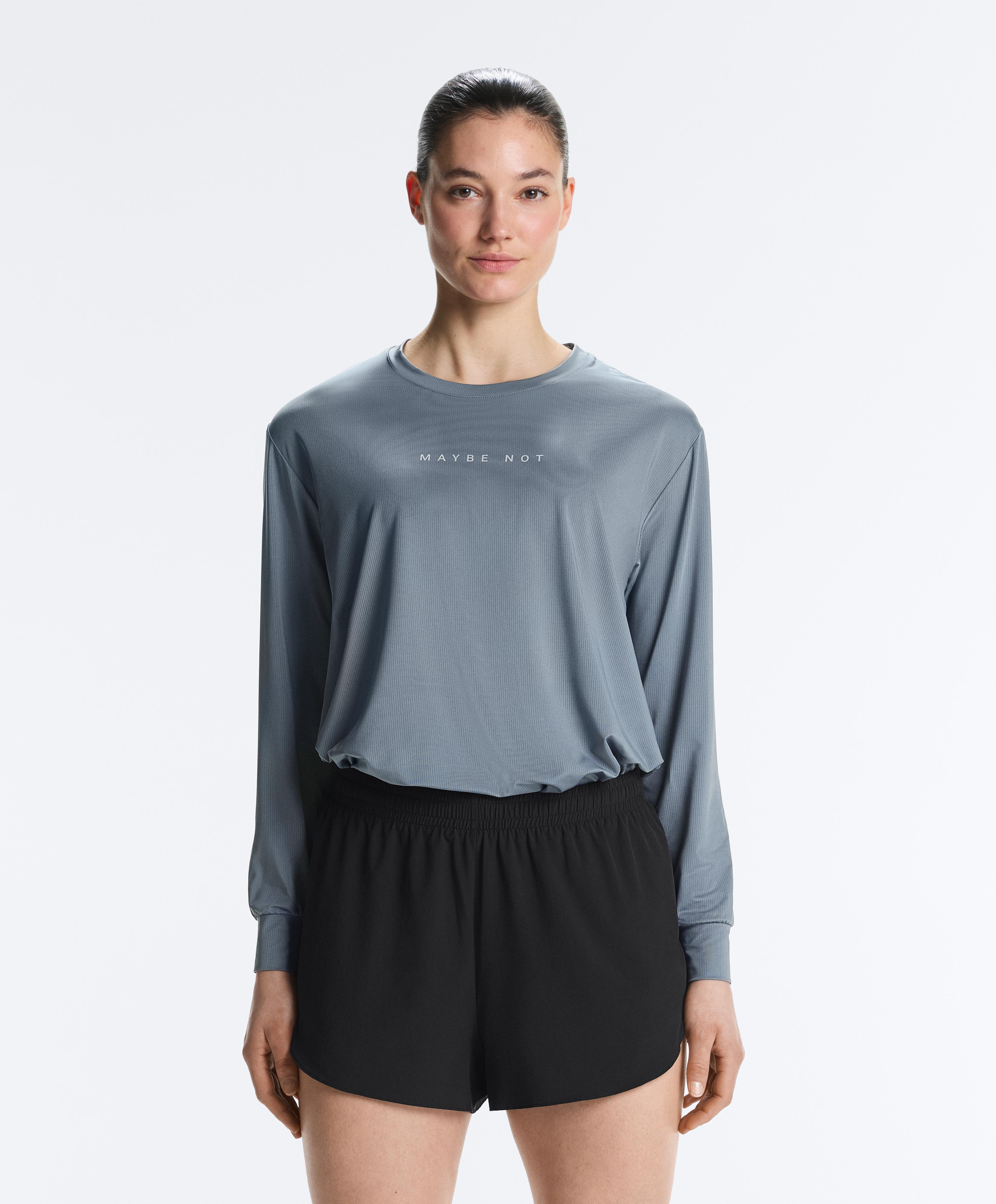 Long-sleeved technical T-shirt with text — MID GREY-BLUE