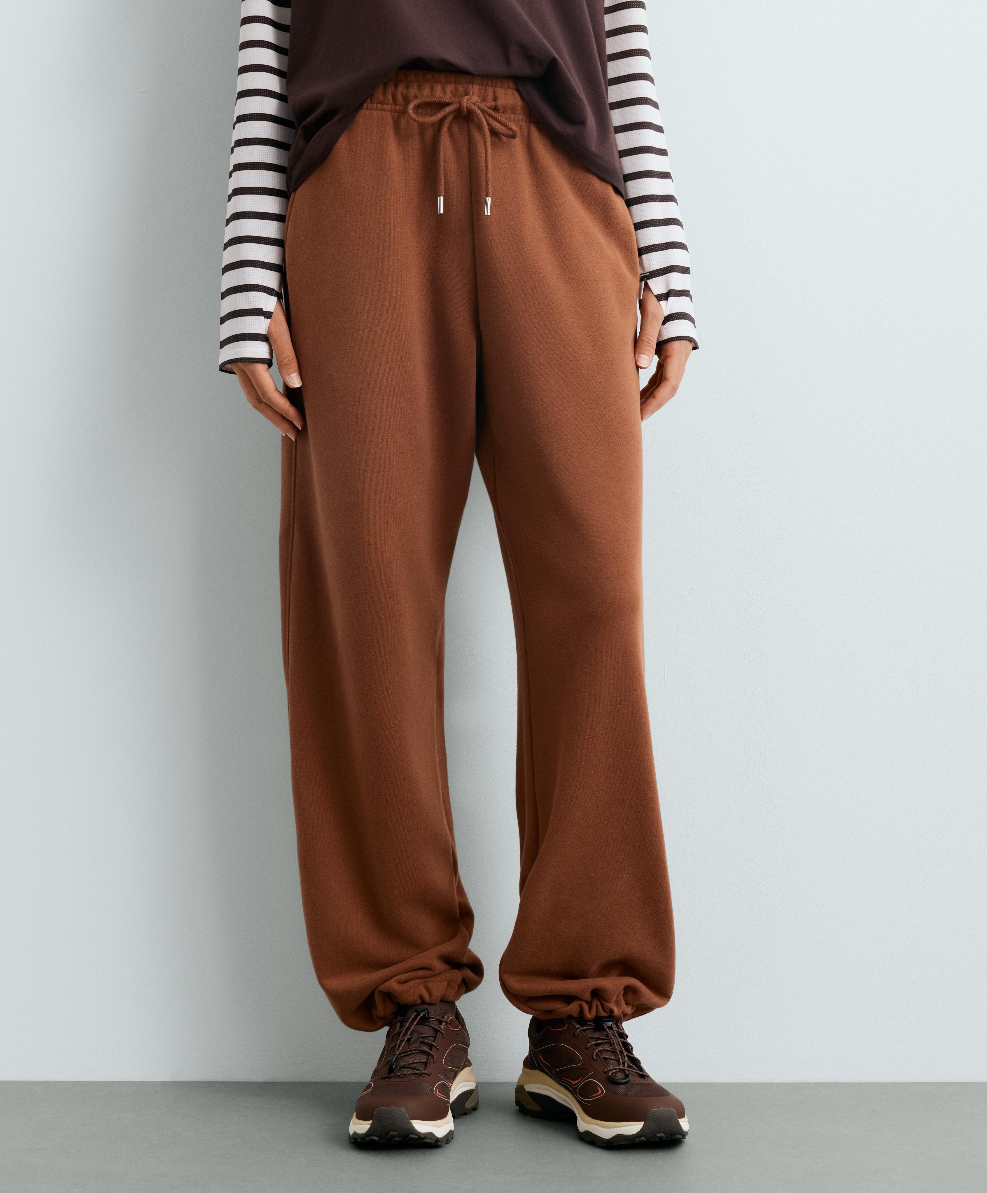 Cotton blend fleece straight-leg trousers — DARK CAMEL