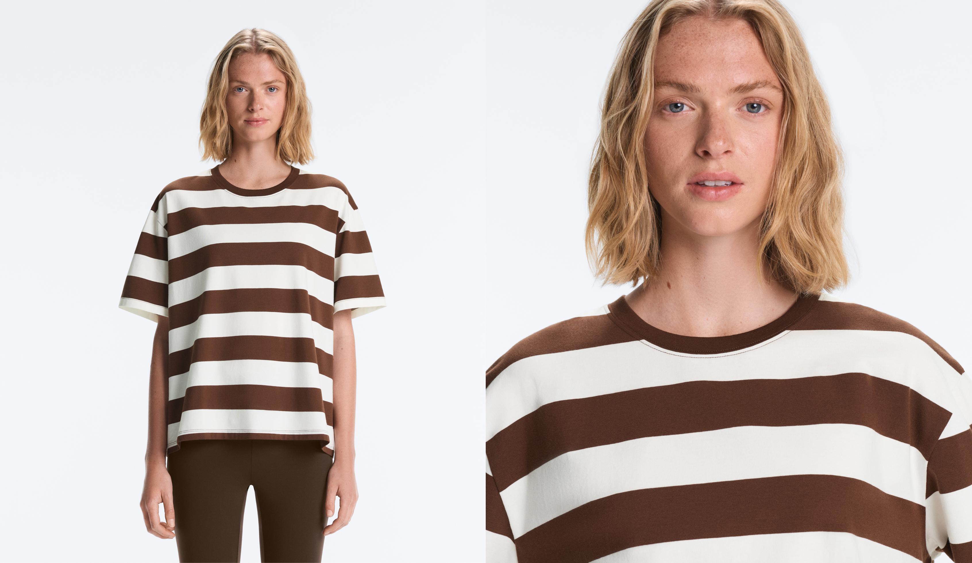 Striped boxy short-sleeve cotton blend T-shirt — DARK BROWN