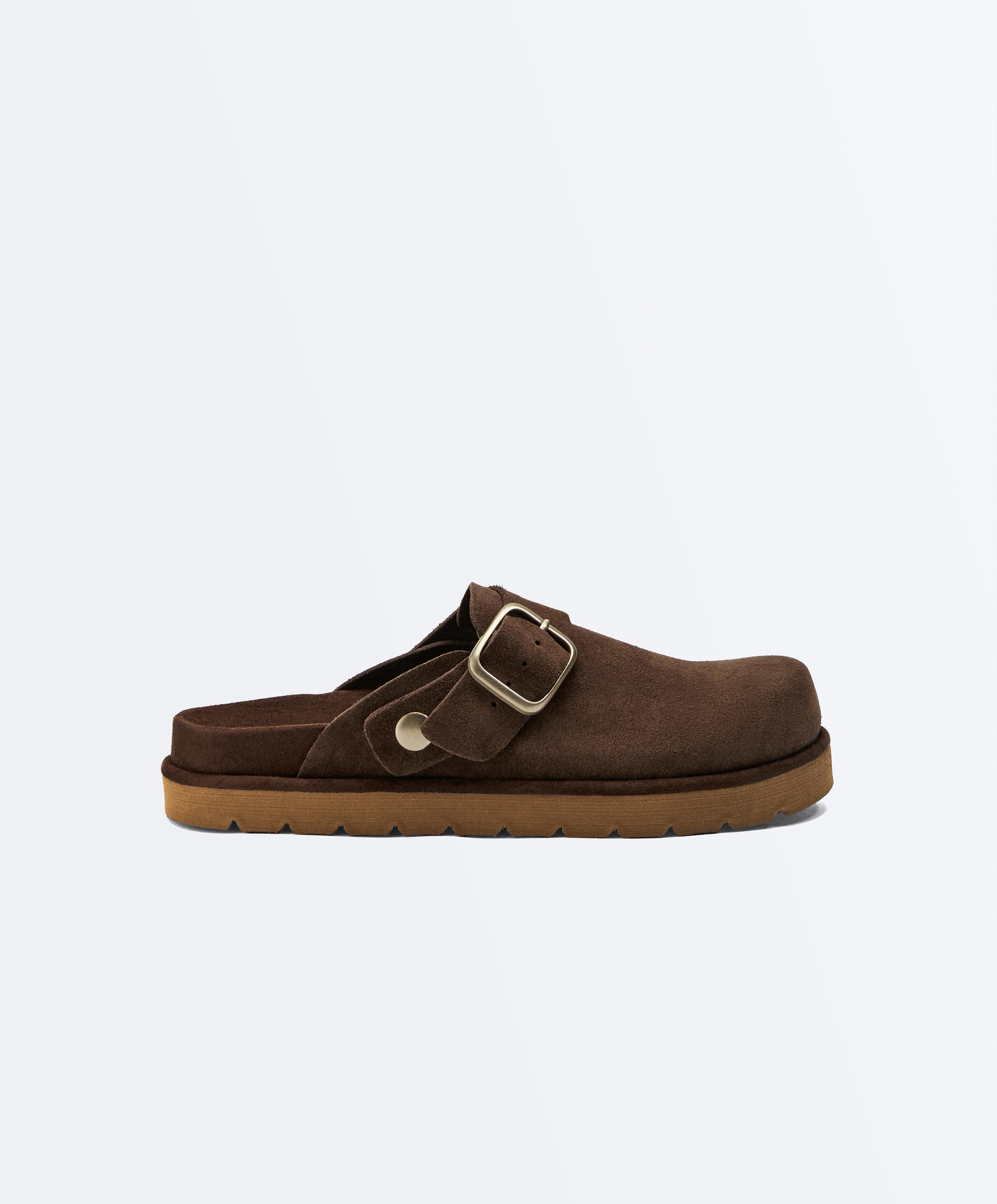 Buckled split-leather mules — BROWN