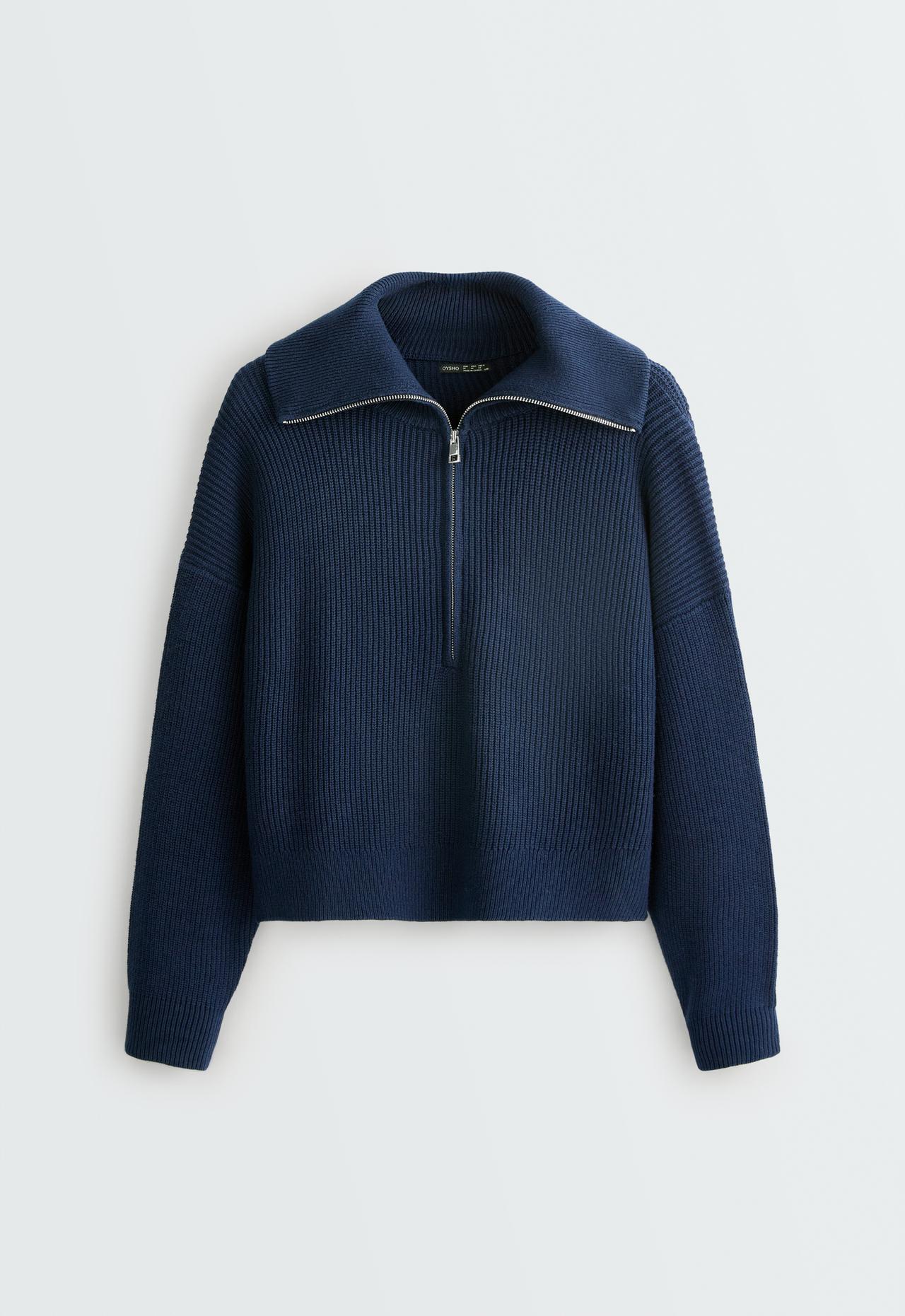 Knit jumper with half zip, cotton and 18% wool — NAVY BLUE