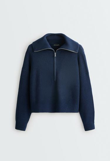 Knit jumper with half zip, cotton and 18% wool — NAVY BLUE 5