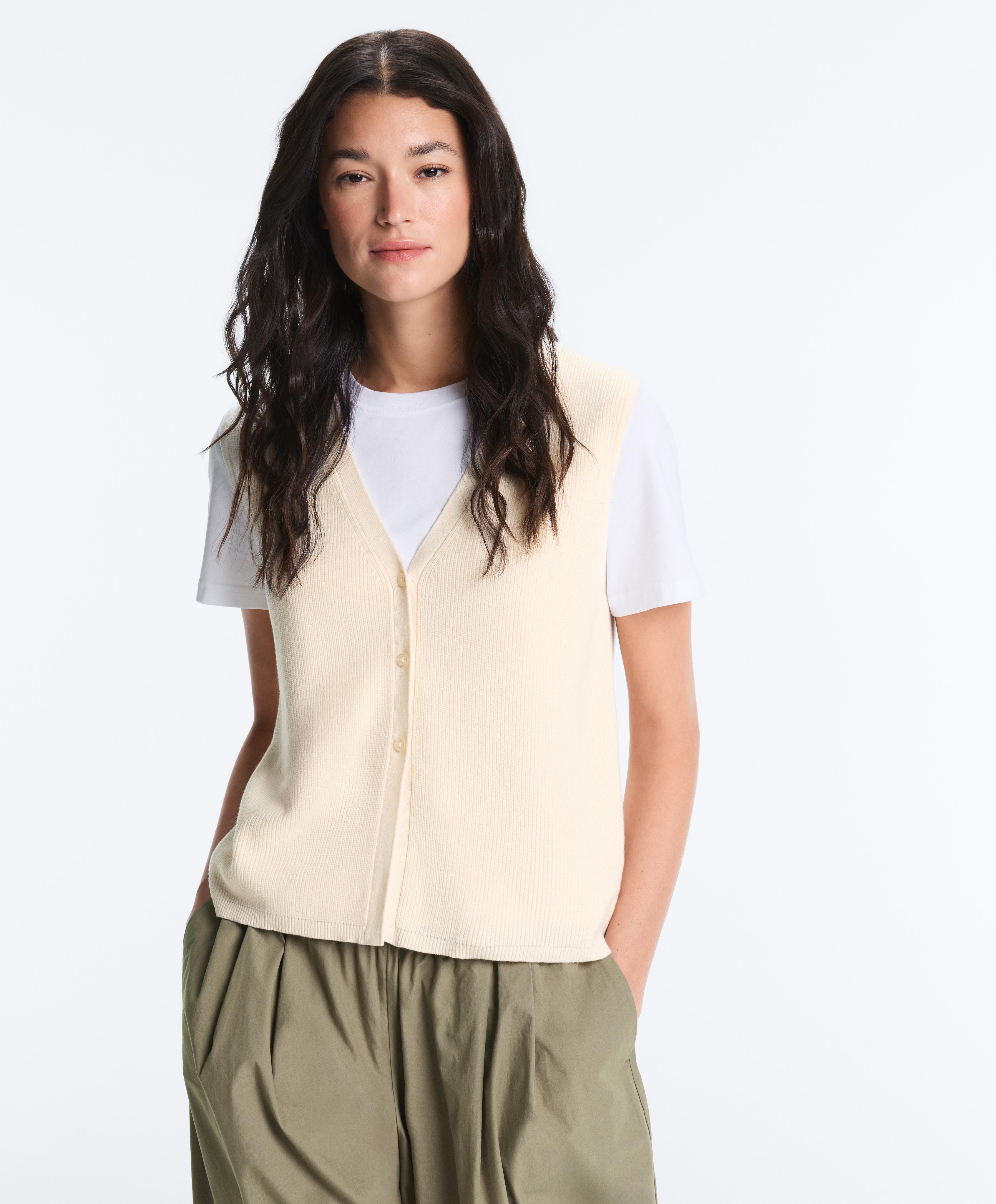 Cotton blend V-neck knit cardigan — ECRU