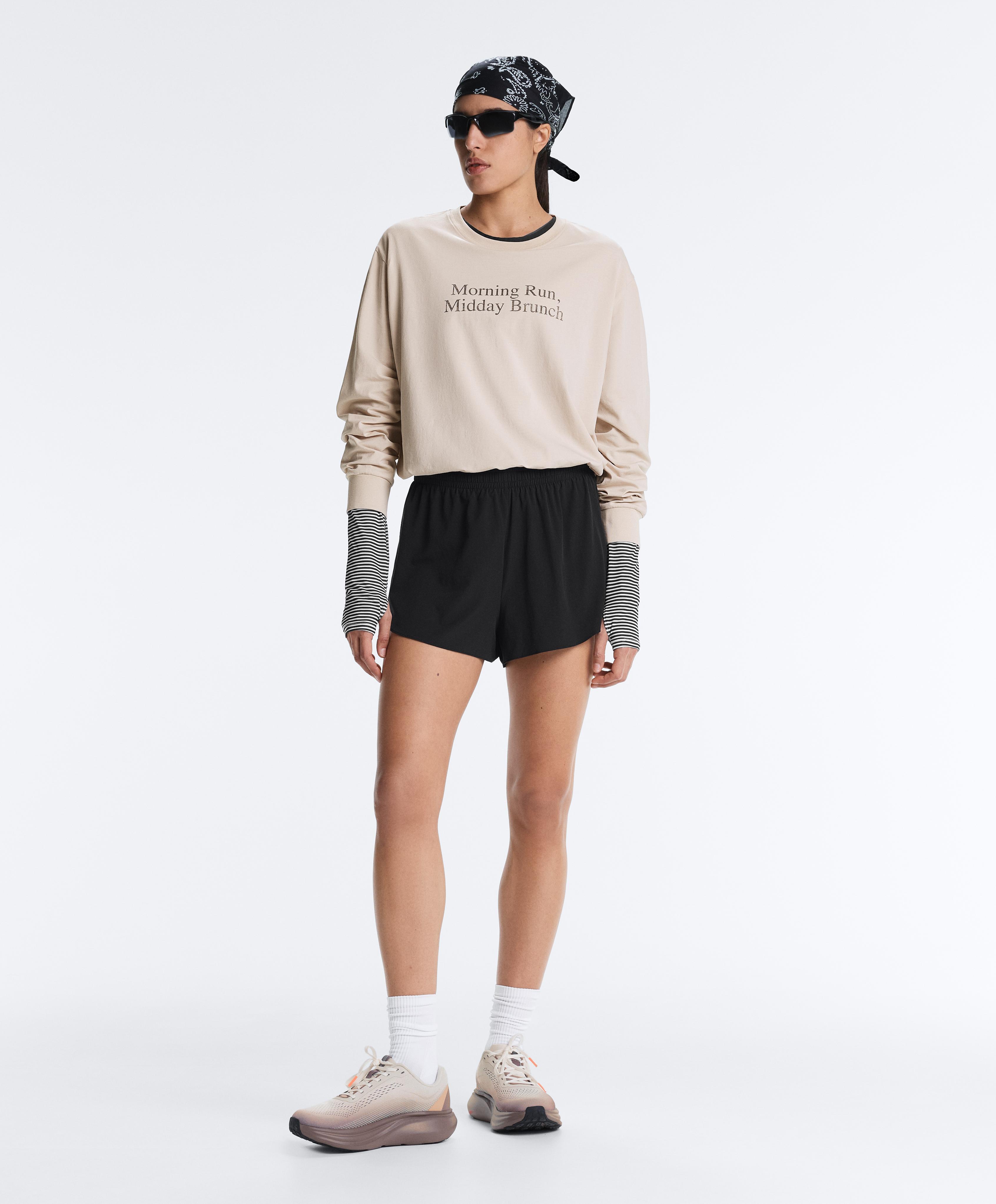 Oversize cotton blend long-sleeved T-shirt with slogan — SAND