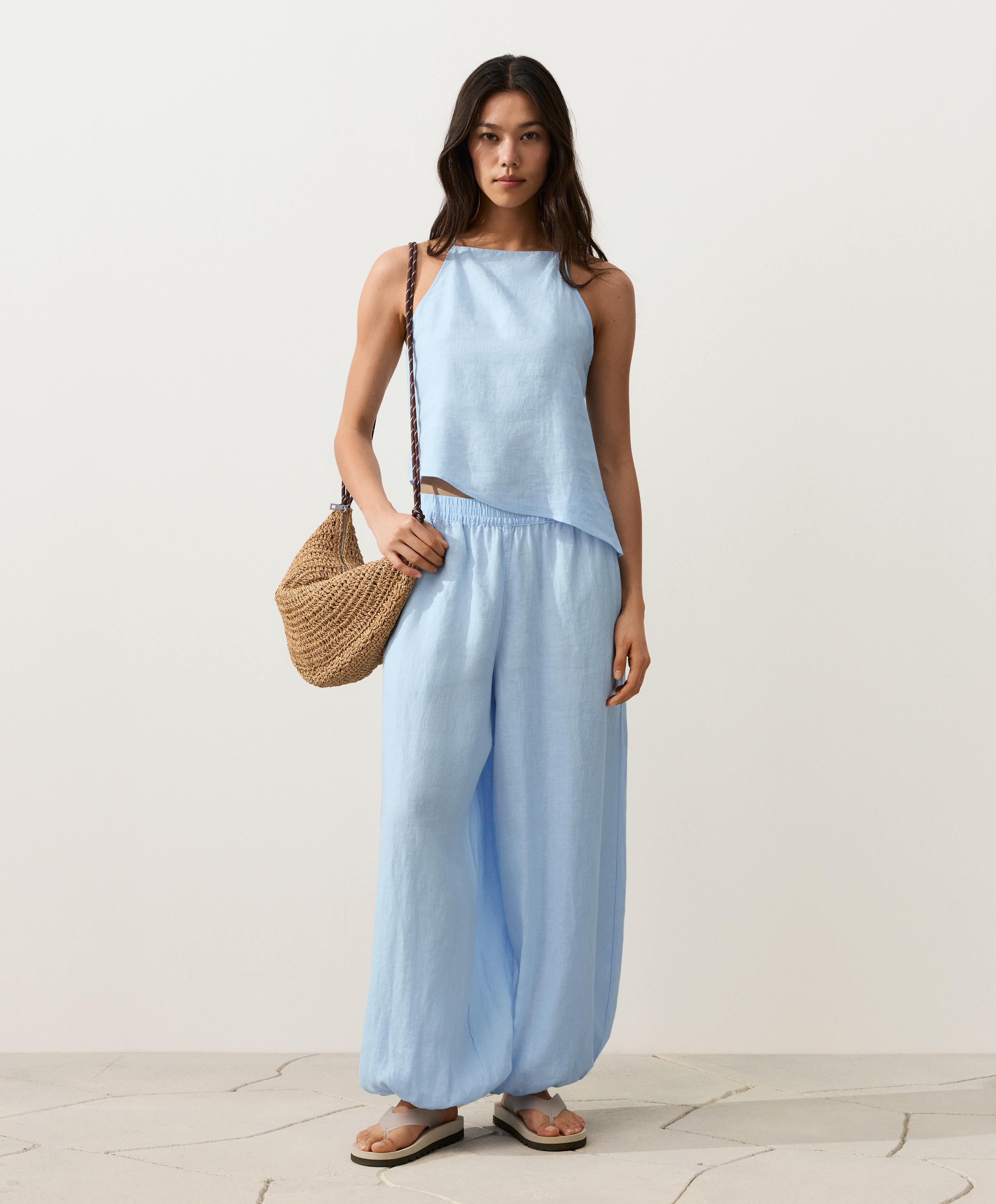 Asymmetric 100% linen sleeveless top — SKY BLUE