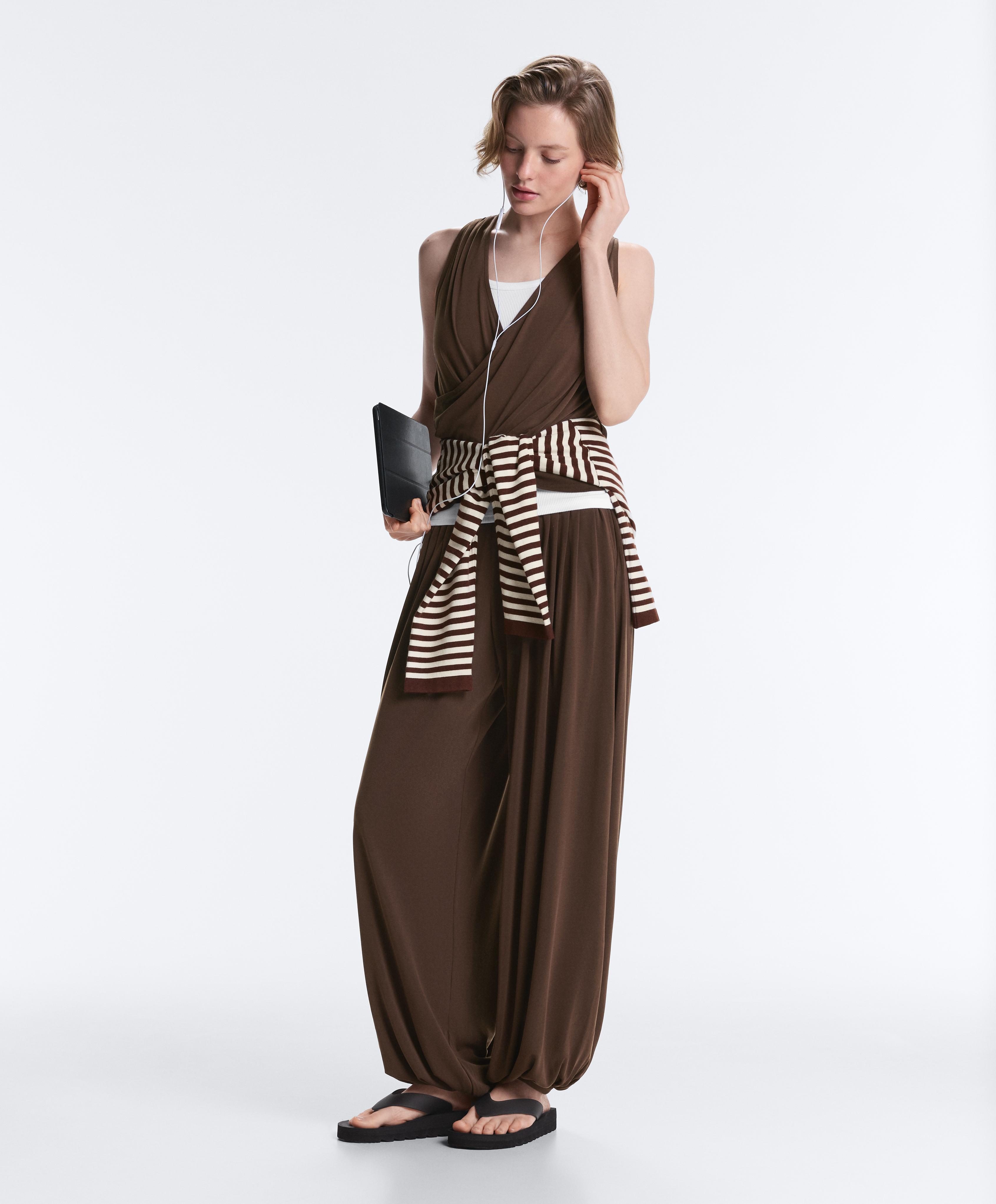 Modal blend crossover sleeveless T-shirt — DARK BROWN