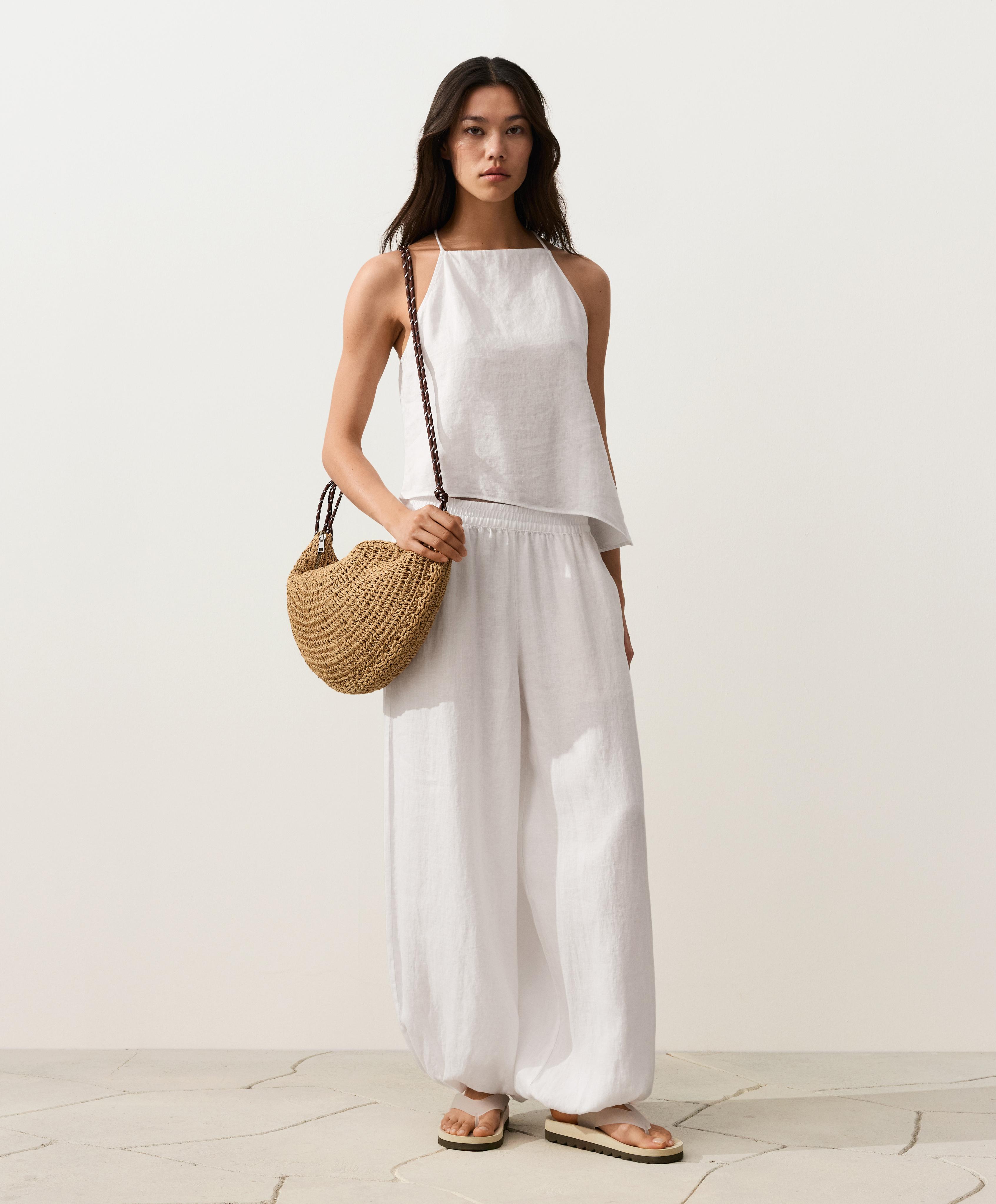 Asymmetric 100% linen sleeveless top — WHITE