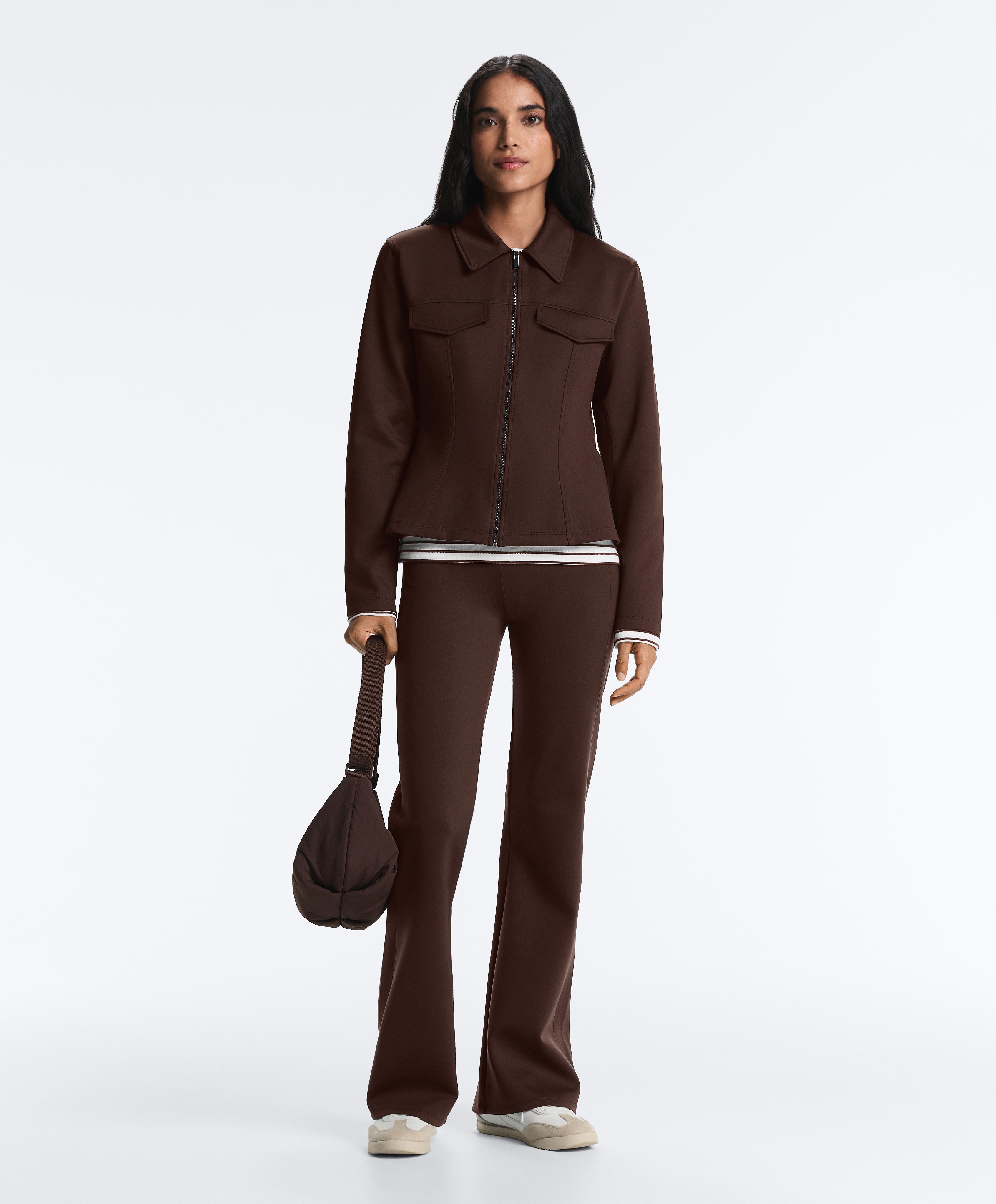 Neoprene-effect peplum jacket with ribbing — BROWN