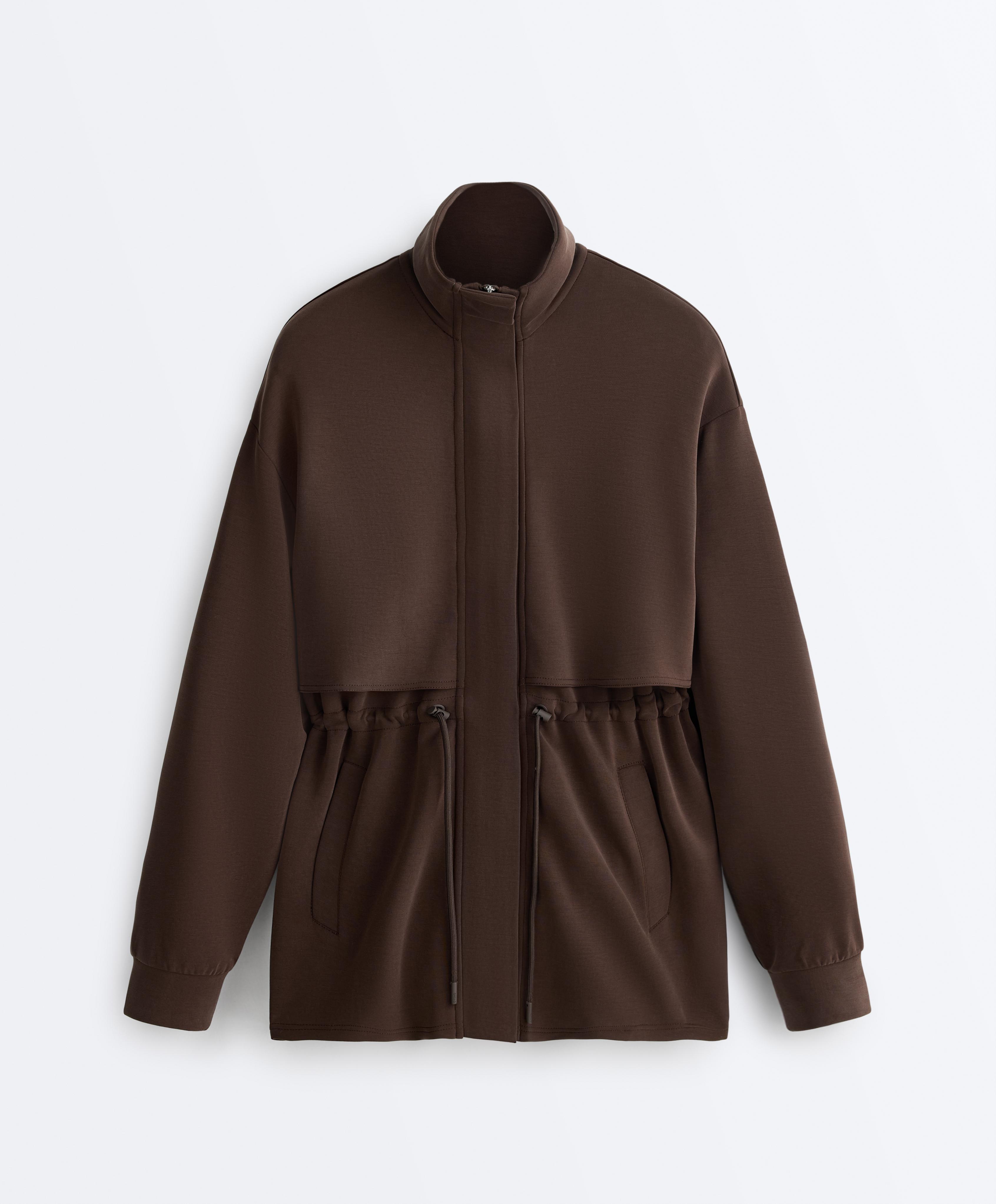 Long soft-touch jacket with modal and pockets — BROWN