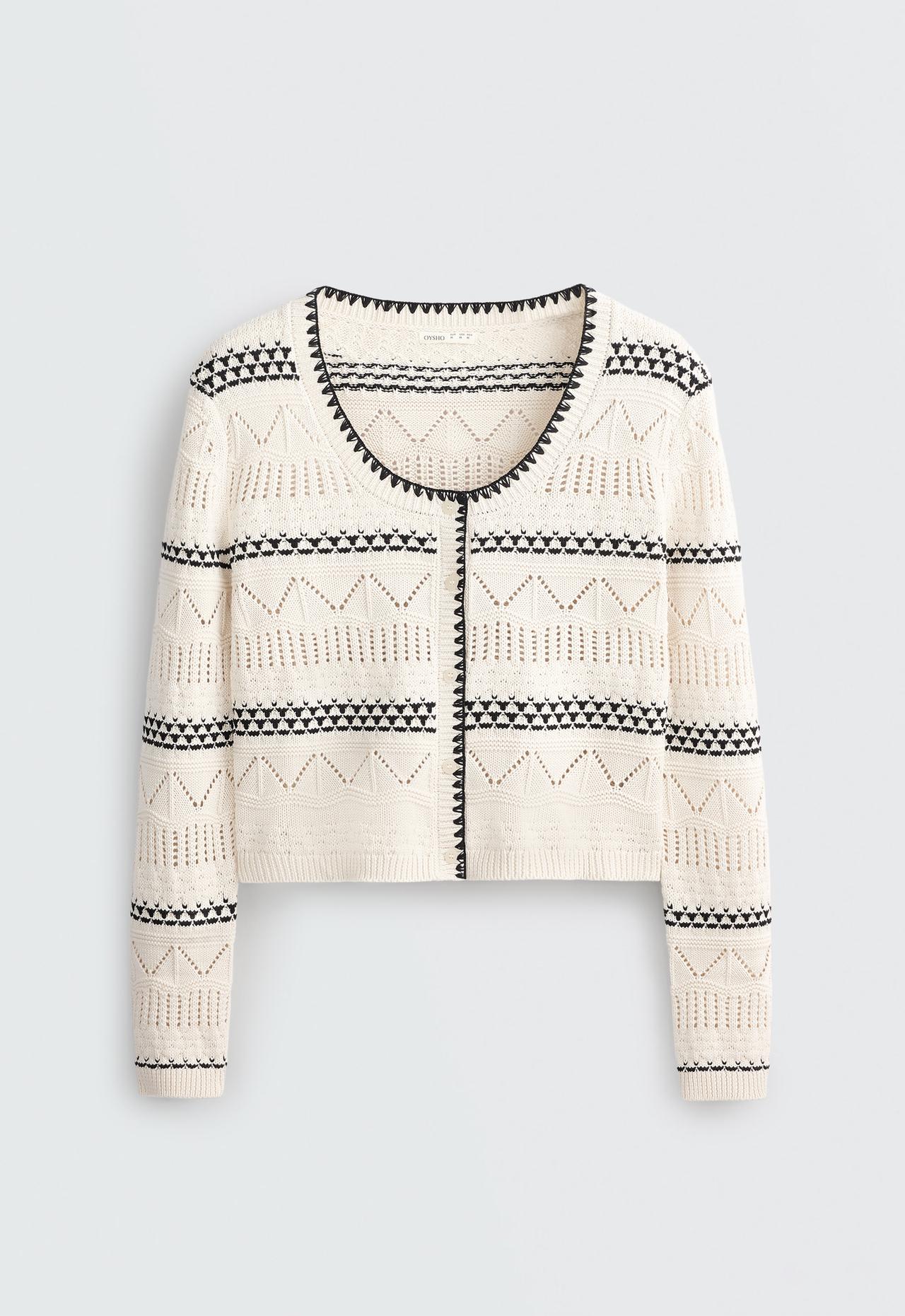 100% cotton contrast open-knit cardigan — PALE ECRU