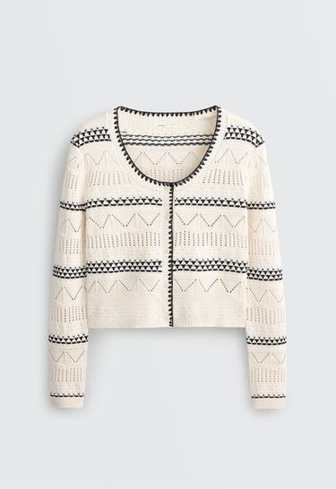 100% cotton contrast open-knit cardigan — PALE ECRU 5