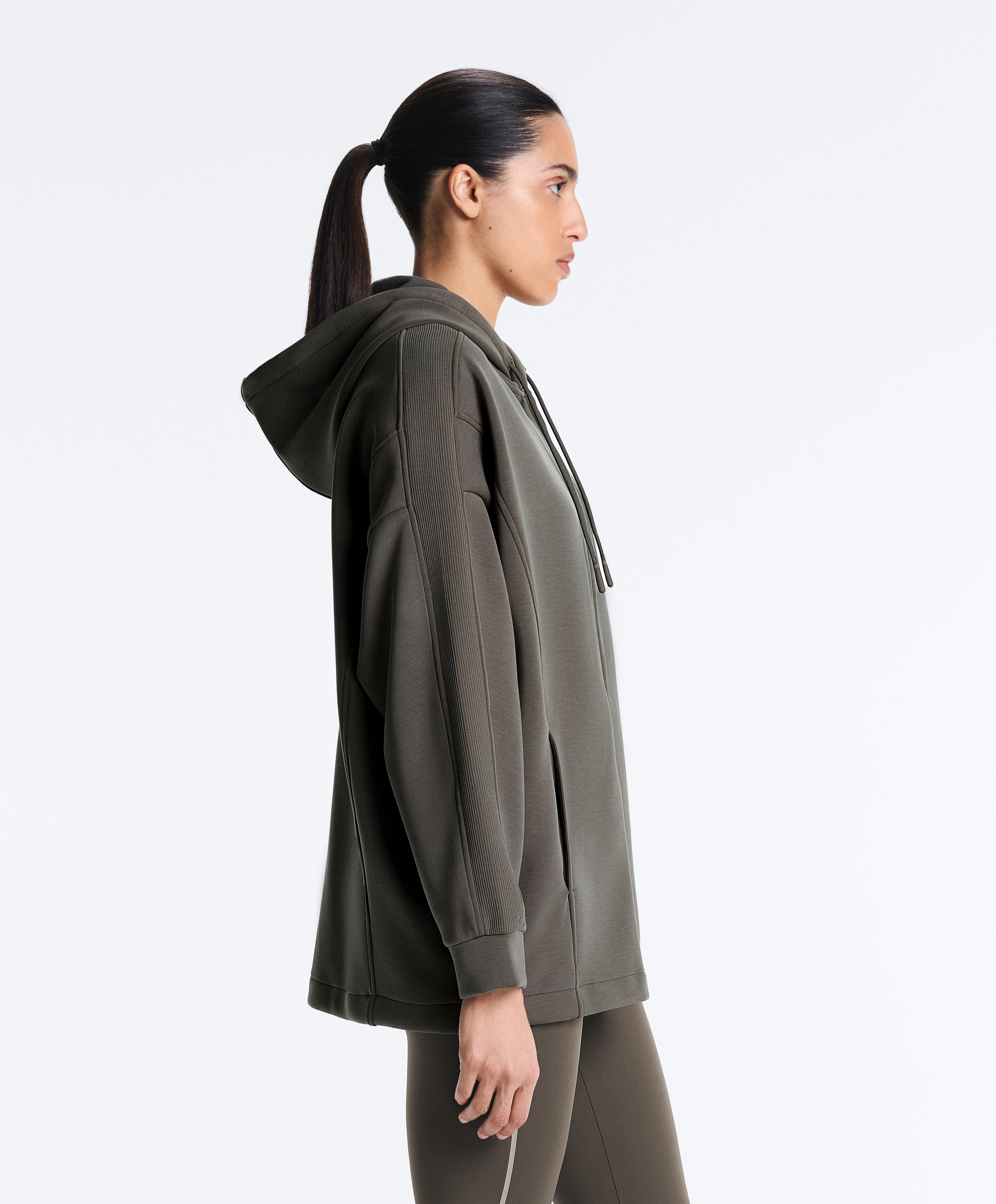 Long hooded jacket with rib details and brushed modal — CHARCOAL GREY