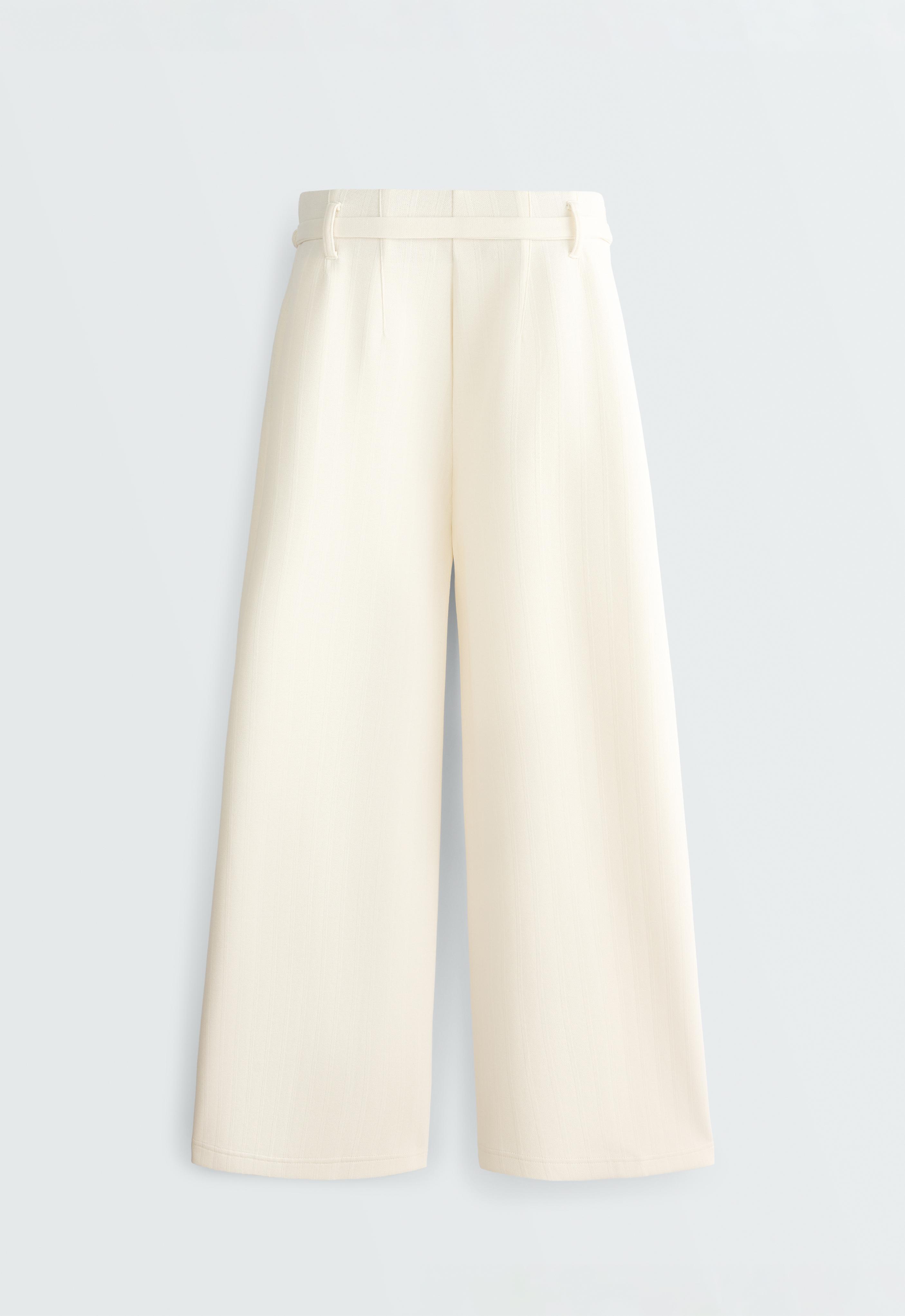 Striped cotton piqué wide-leg trousers — PALE ECRU