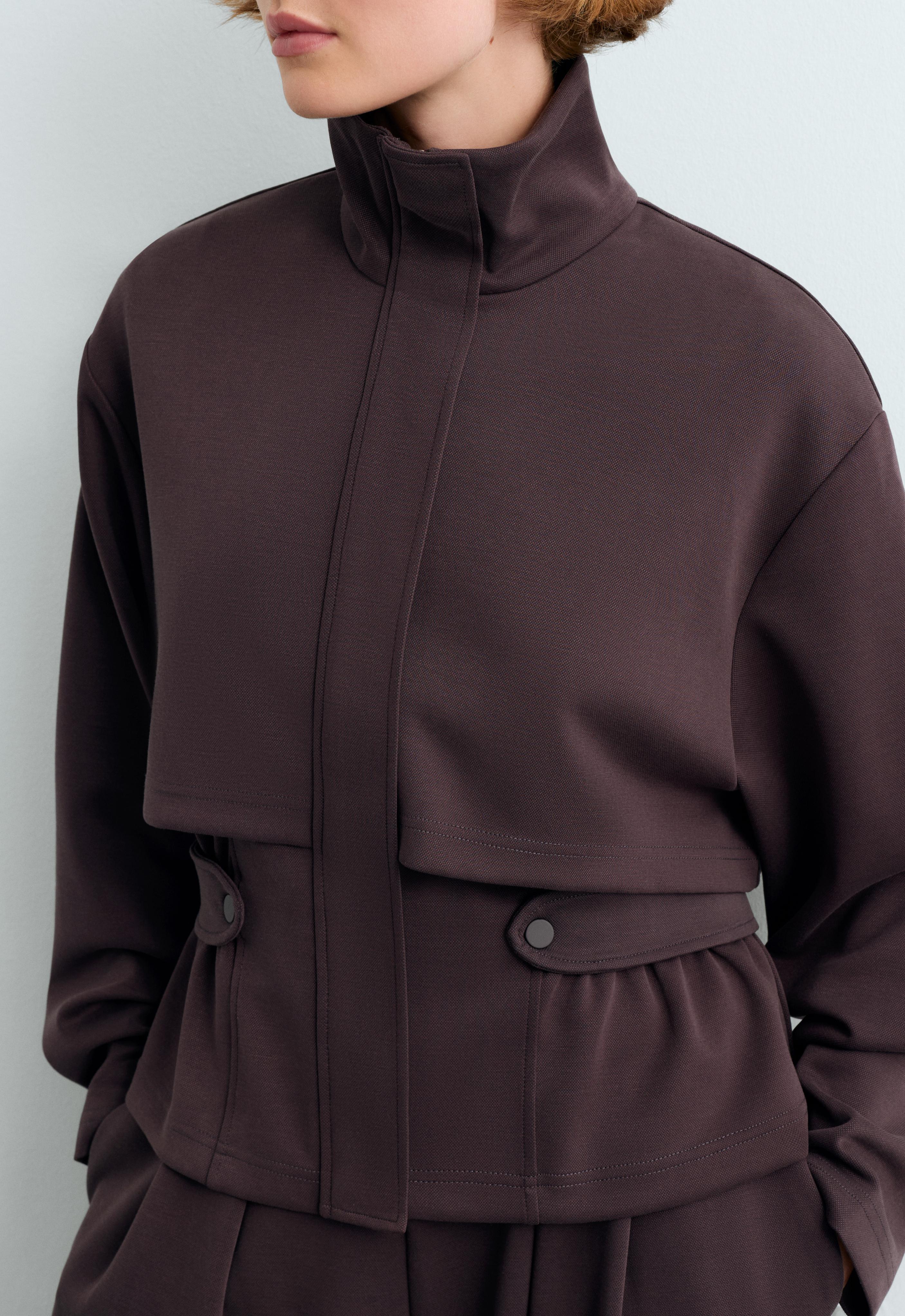 Short piqué jacket with belt — Purplish brown