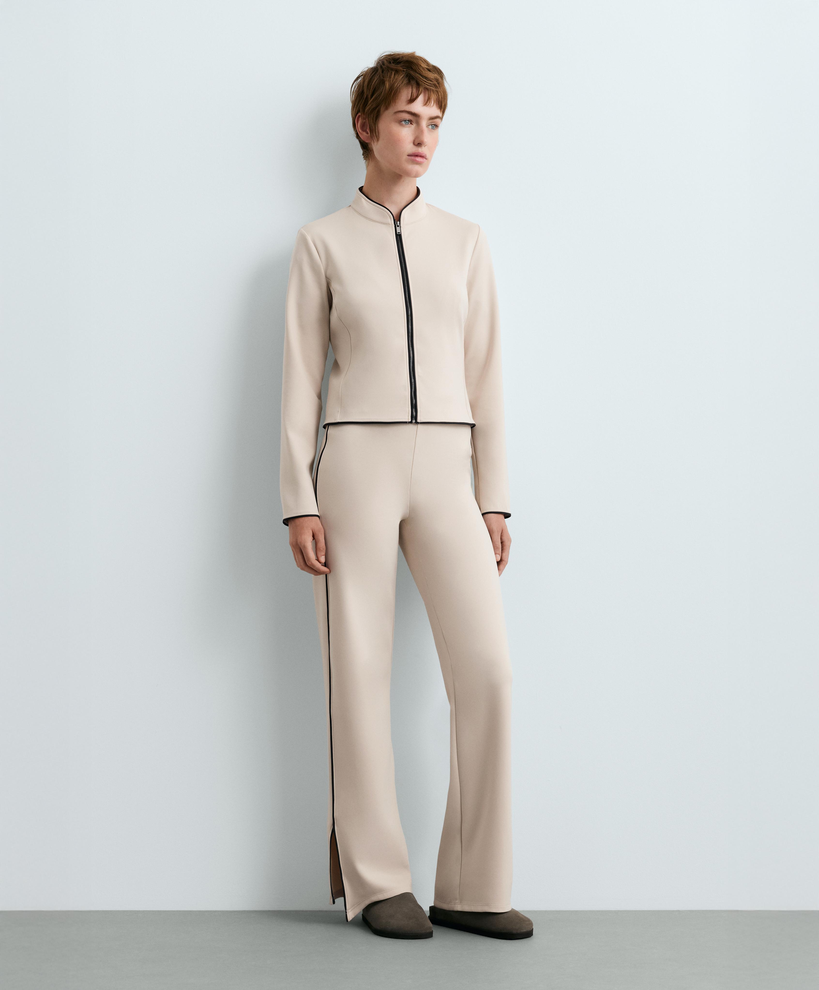 Neoprene-effect jacket with mandarin collar and piping — OATMEAL
