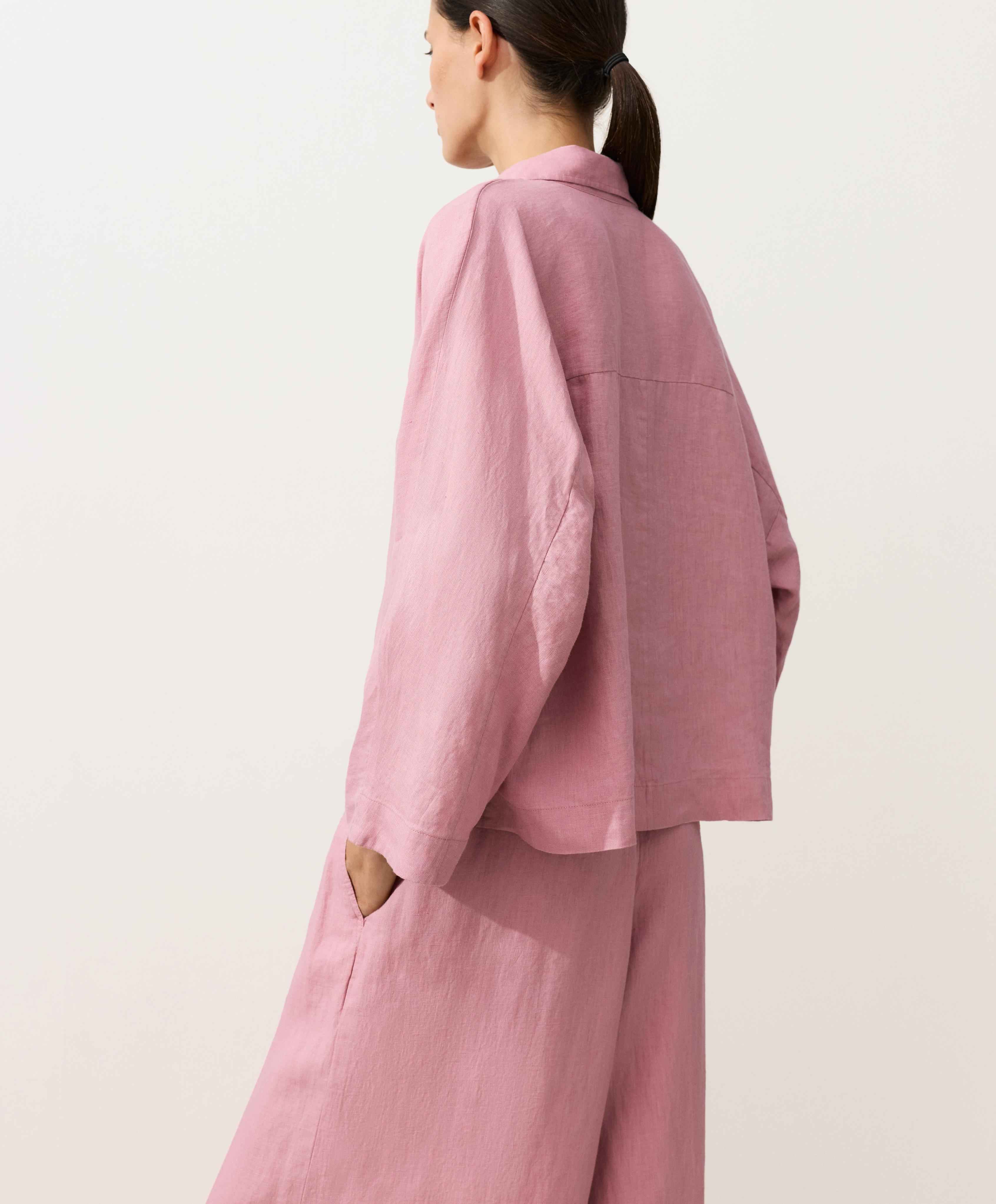 Oversize long-sleeve 100% linen polo shirt — MID-PINK