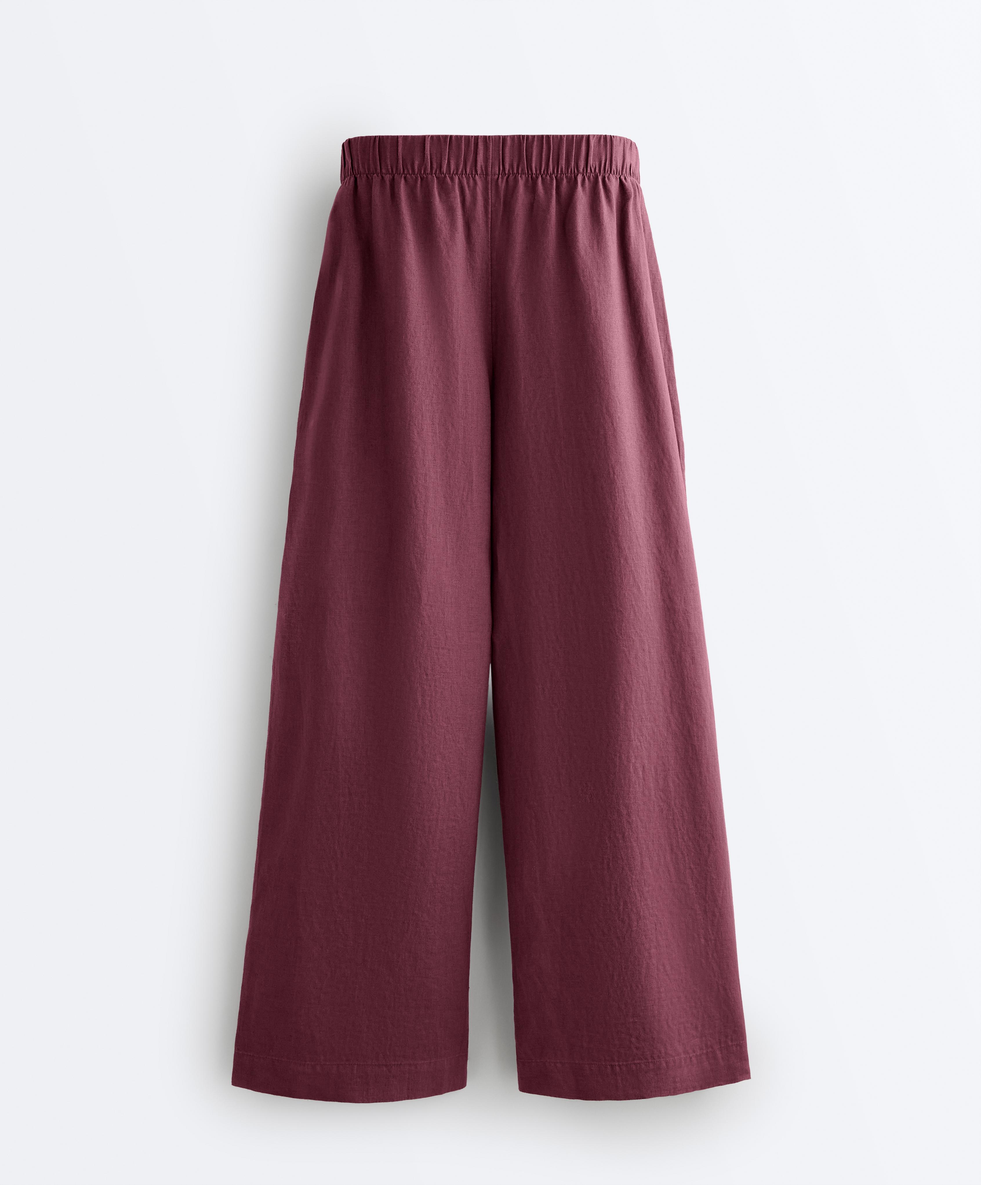 100% linen wide-leg trousers — CHERRY