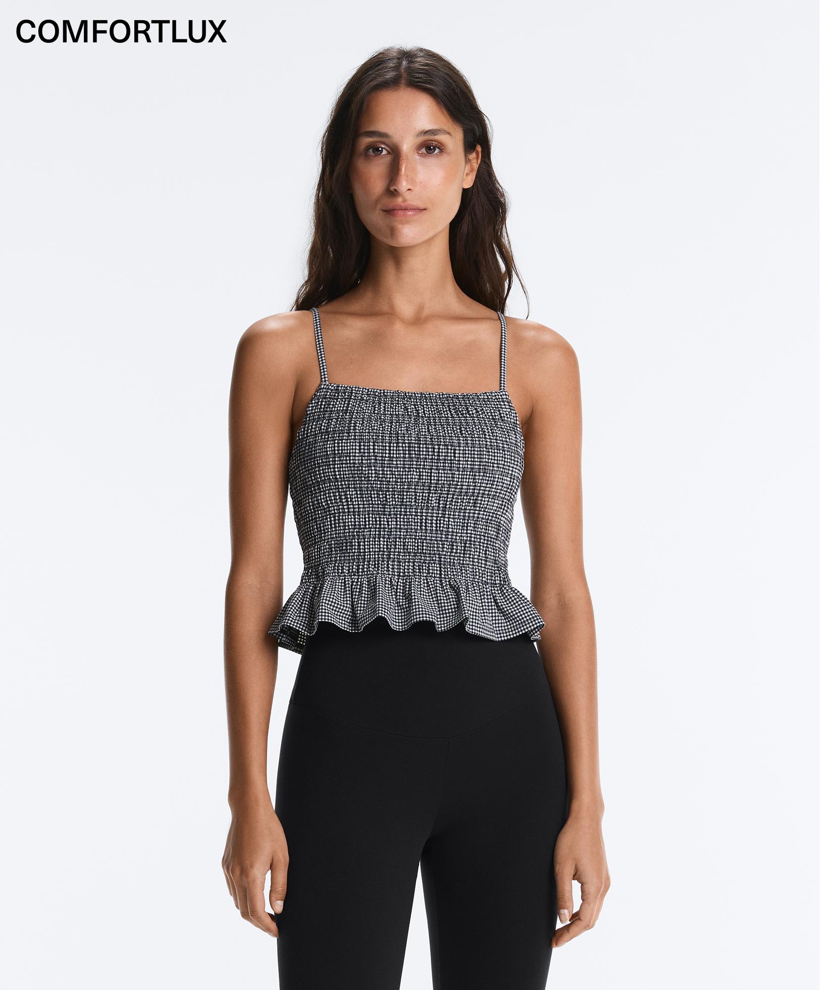Comfortlux gingham smock tank top — BLACK