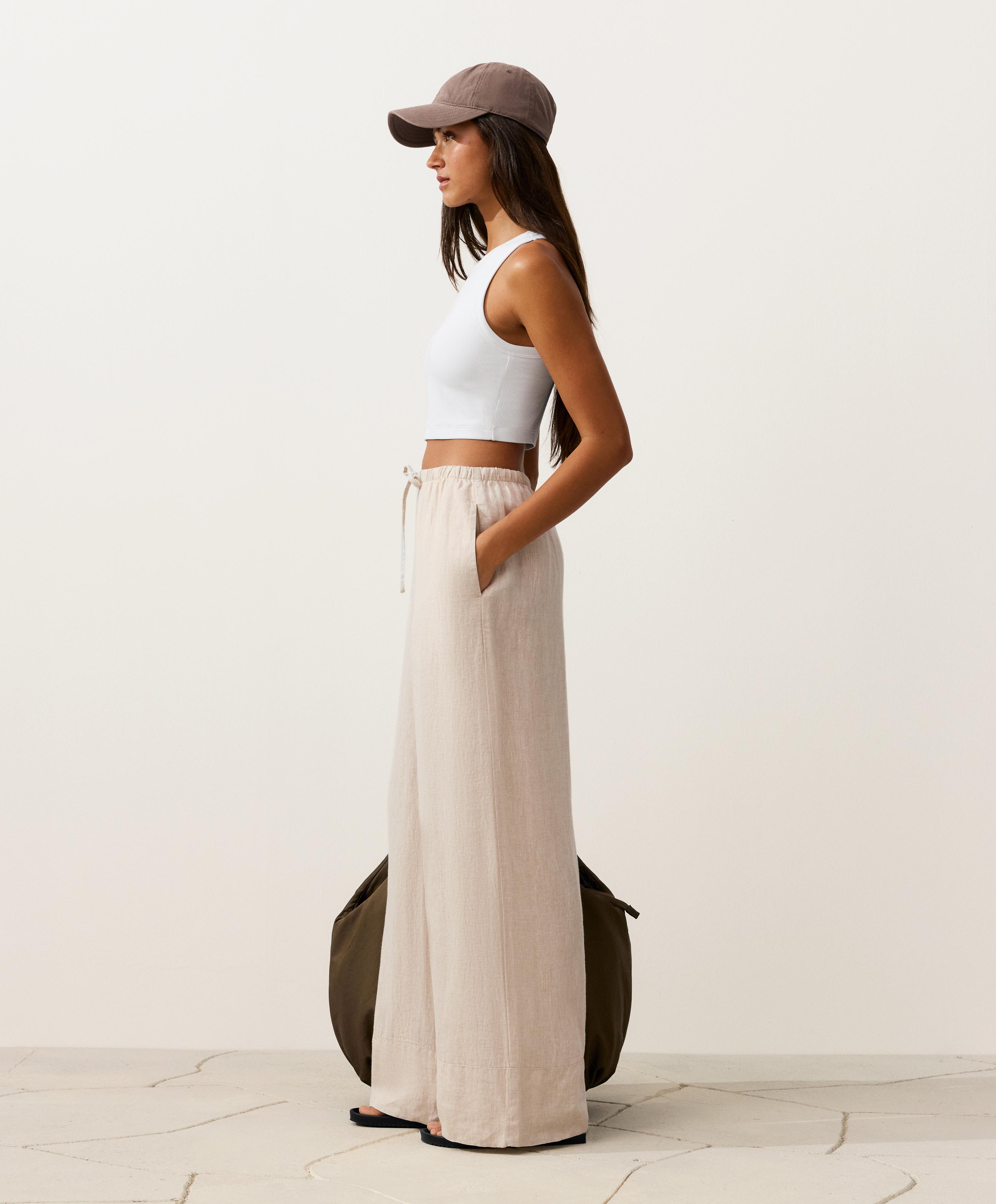 100% linen straight-leg trousers — SAND MELANGE